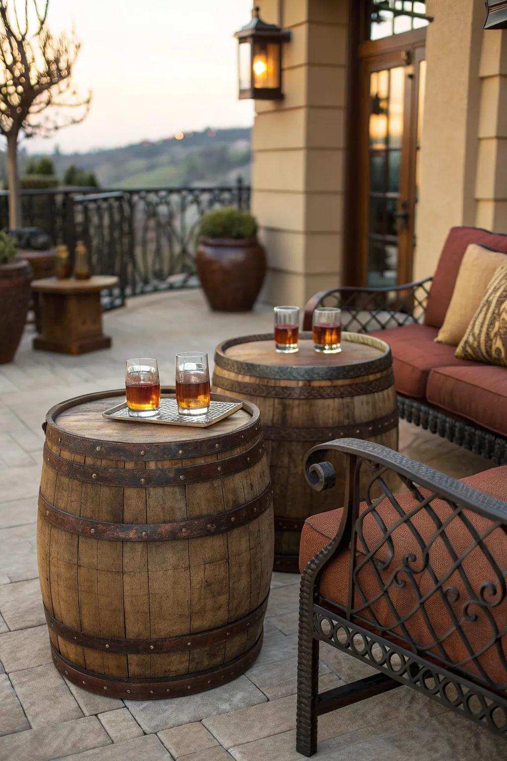 Bring countryside elegance outside with liquor cask tables on your terrace for a welcoming vibe.
