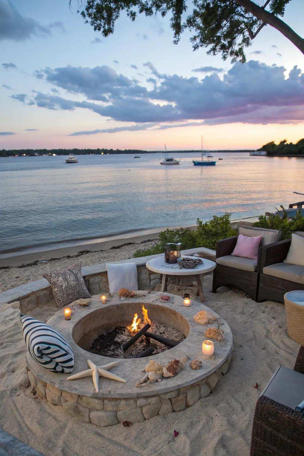 Bring the beach to your backyard with a coastal-inspired firepit zone.