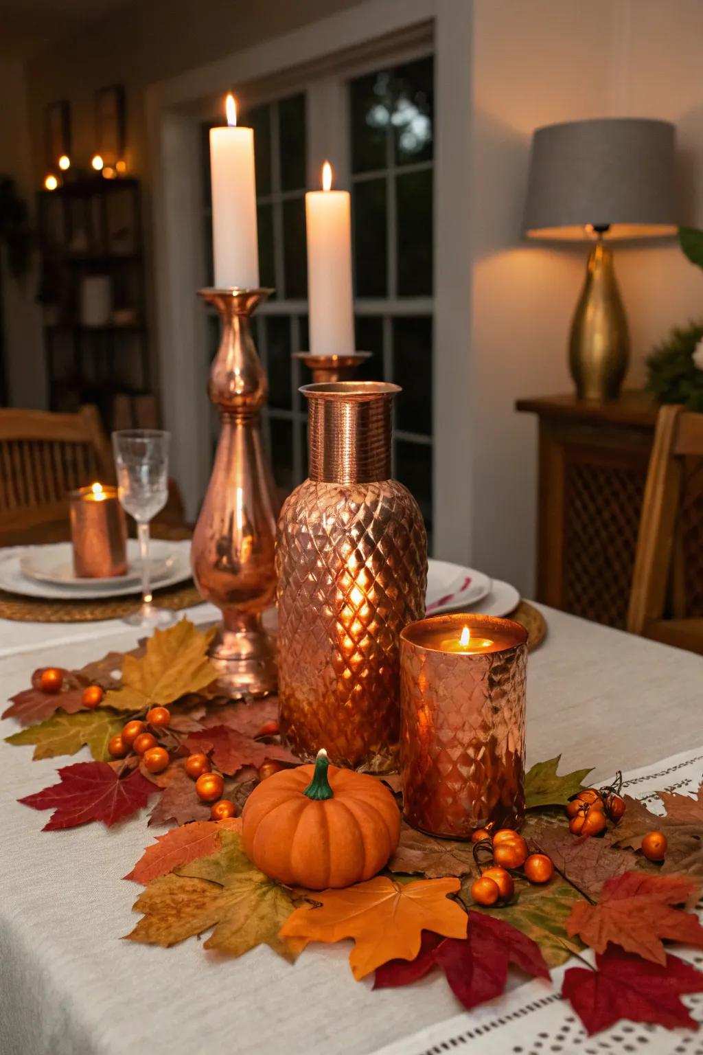 Bronze accents contribute a warm and sophisticated radiance to your fall decorating.