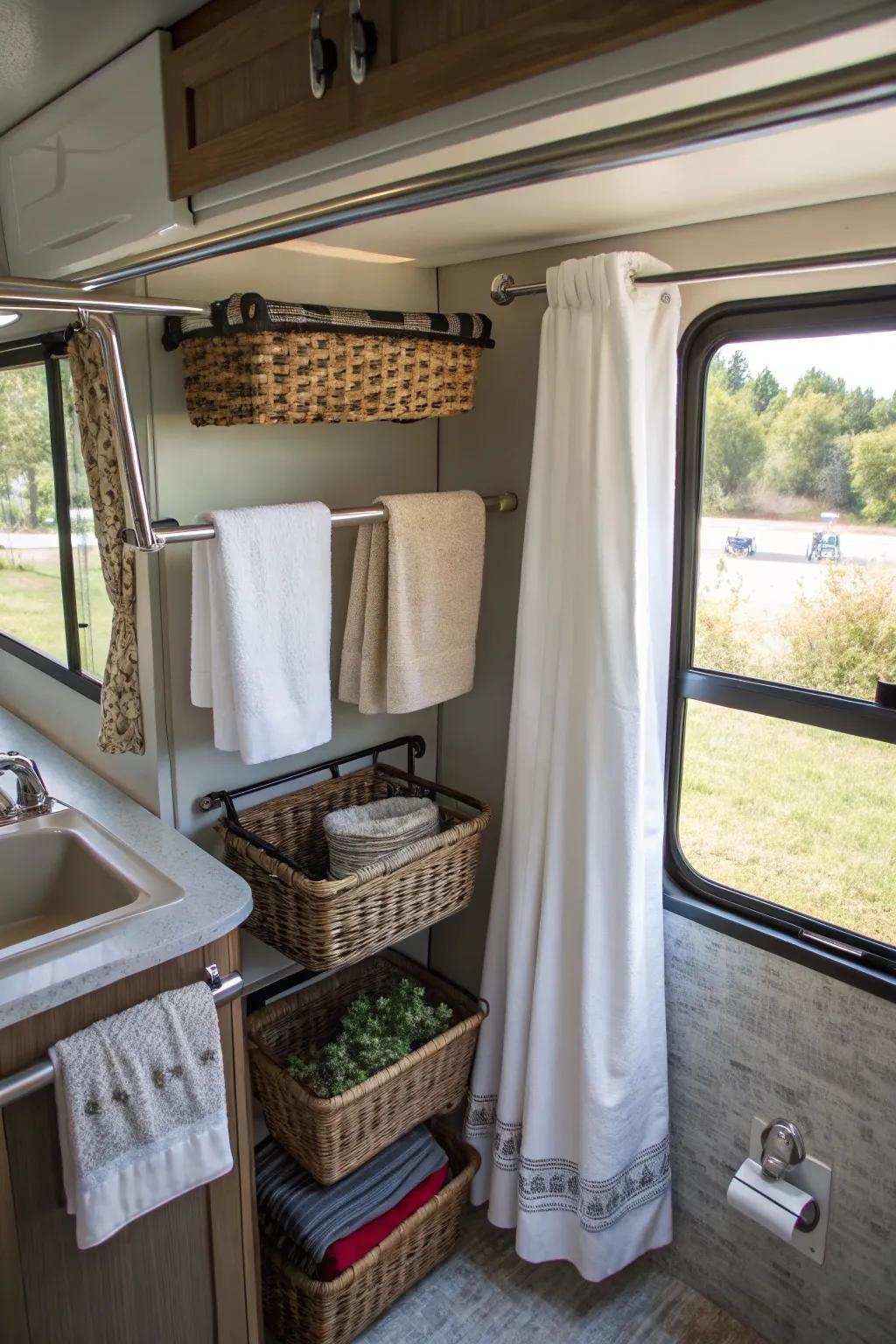 Build extra storage with adjustable rods.