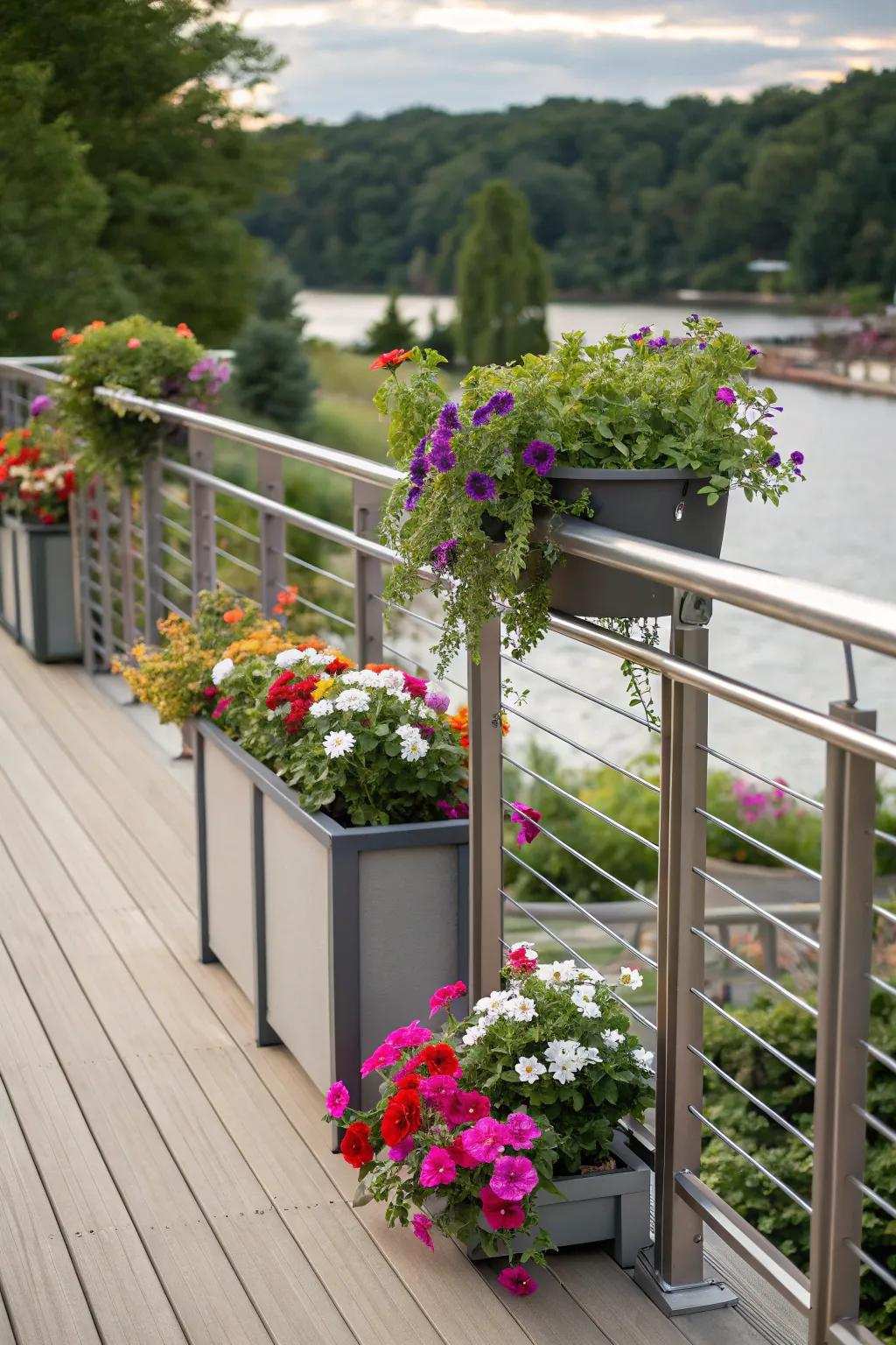Built-in planters add life and color to iron sidings.