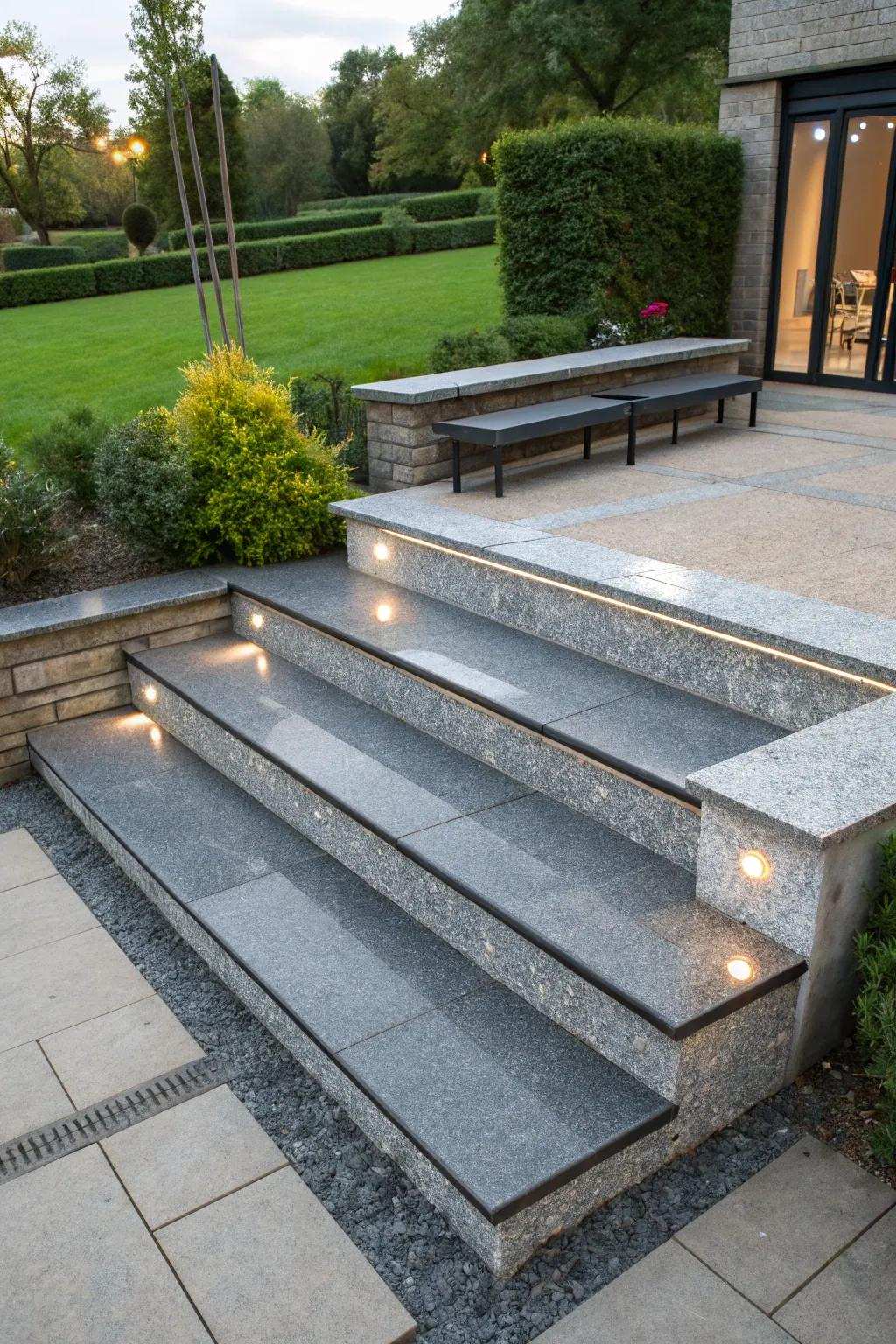 Built-in seating adds function to stone steps.