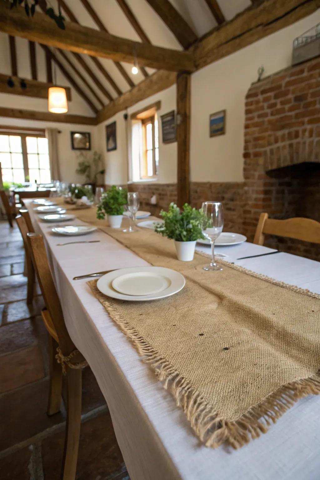 Burlap and raw fibers add an earthy atmosphere.