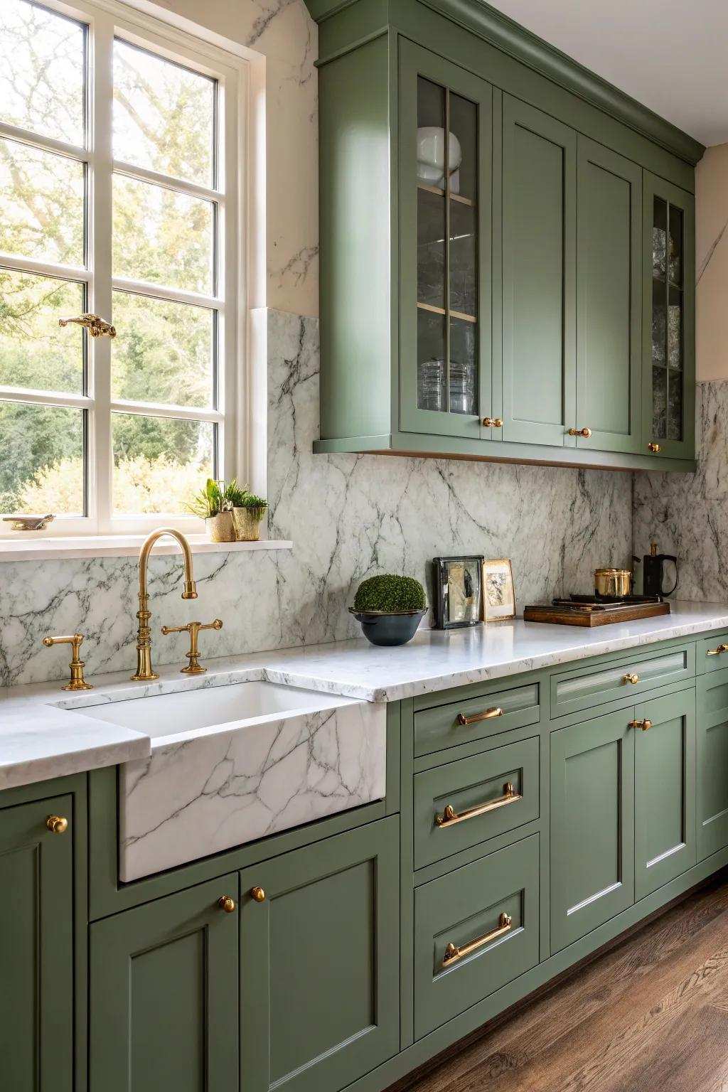 Burnished metal fixtures enhance the elegance of green kitchen cabinets.