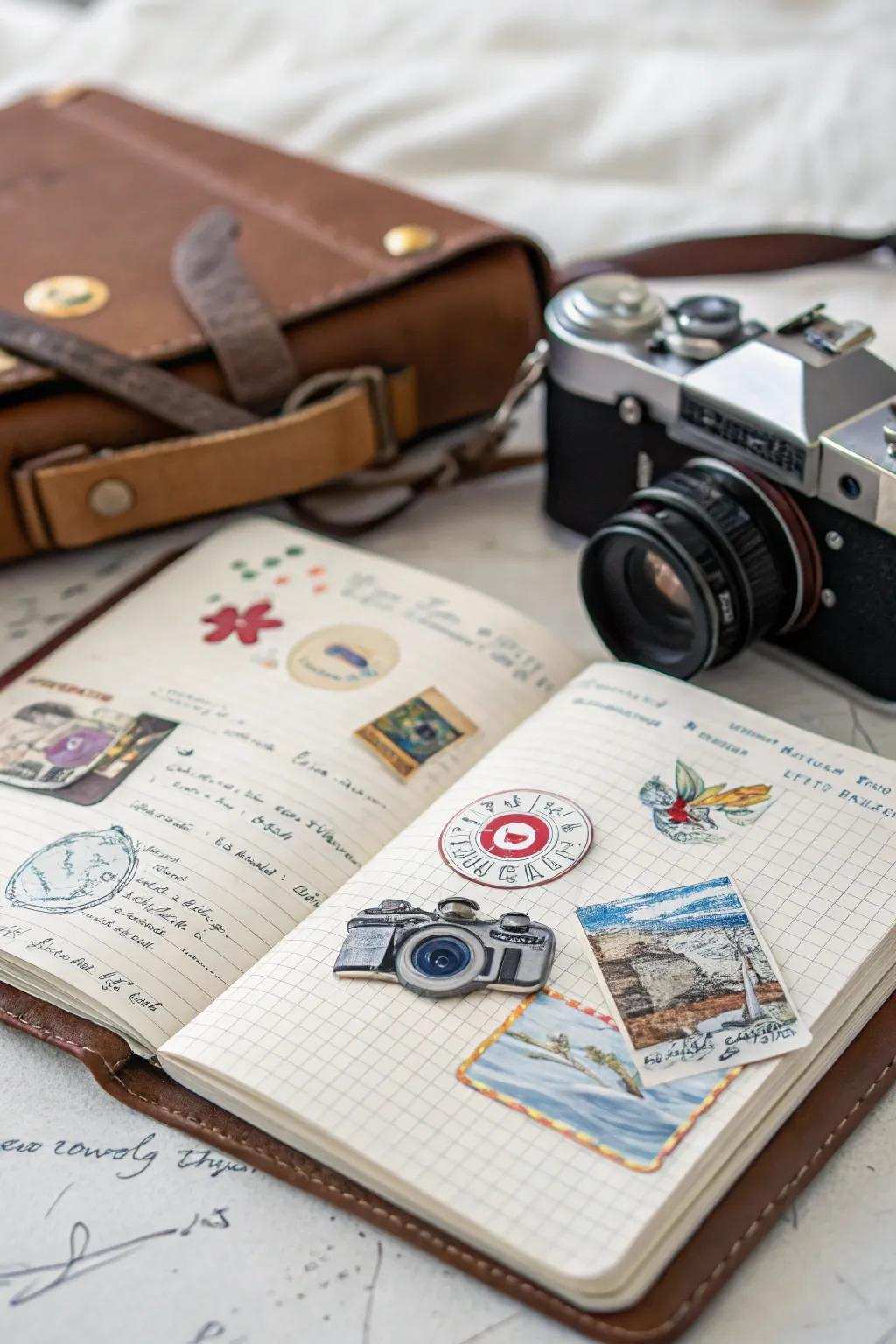 Camera stickers harmonizing with a travel-themed journal.