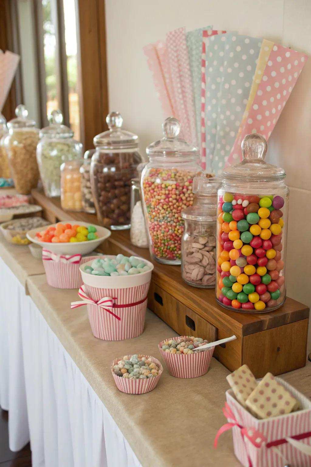 Candy bar featuring containers of assorted candies.