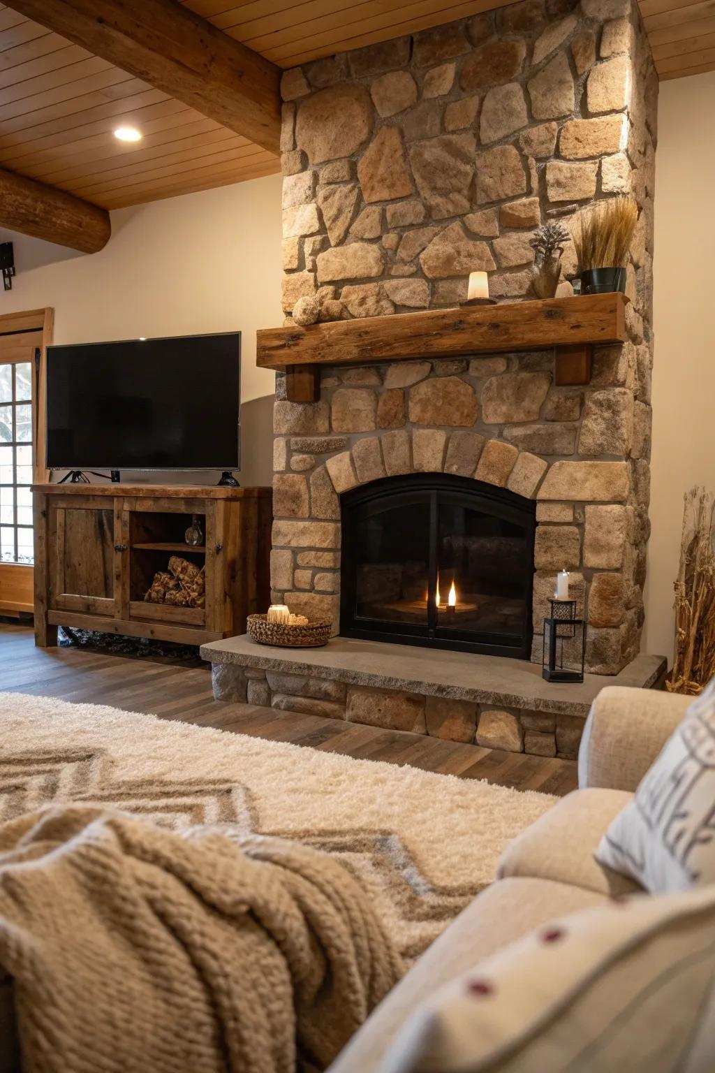 Capture country-style appeal with a stone fireplace that beautifully enhances your modern television.