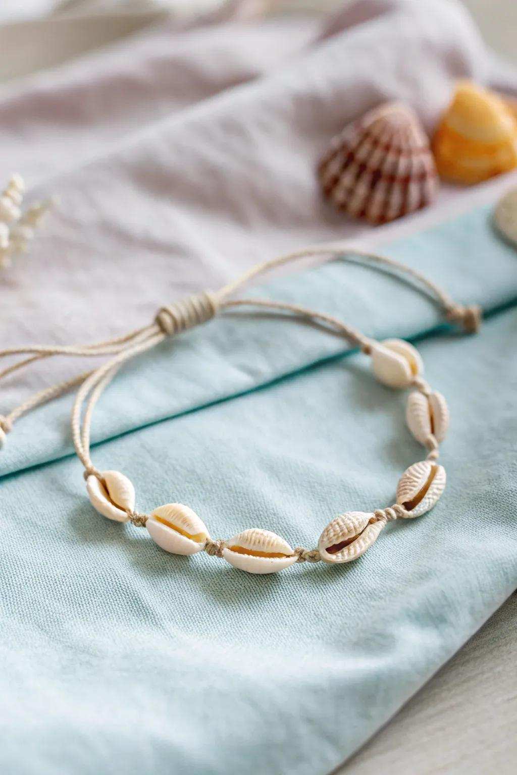Capture the essence of the sea with this captivating seashell bracelet — a straightforward yet exquisite reminder of sunny beach days.