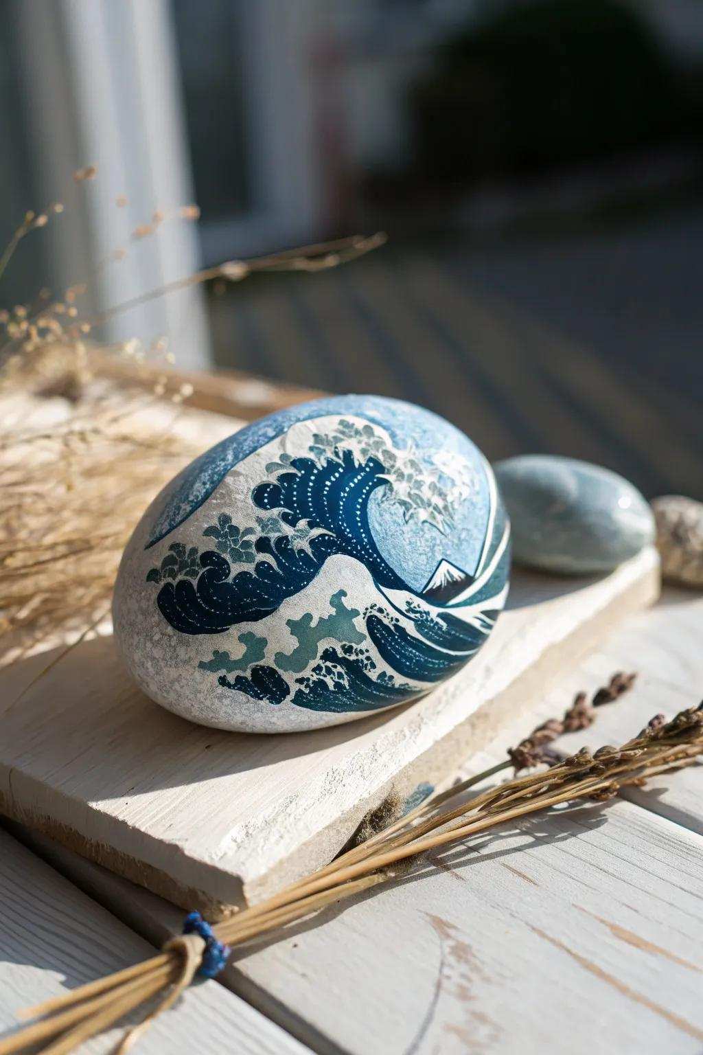 Capture the peaceful essence of the ocean with this exquisitely crafted sea-wave-painted rock.