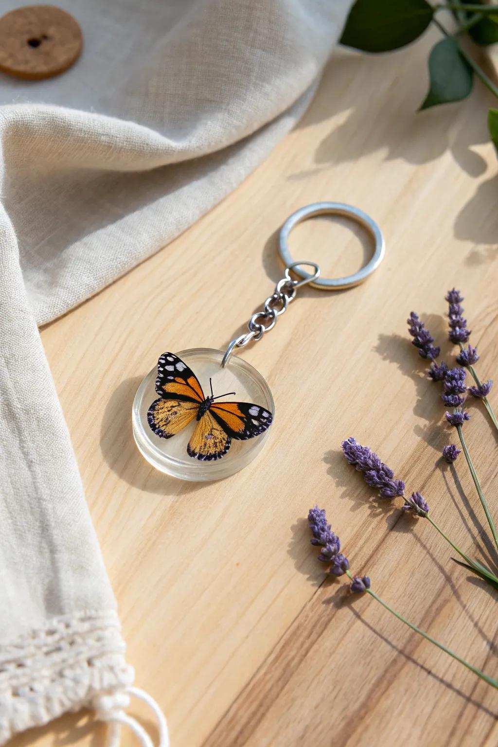 Capture the spirit of handcrafted elegance with this stunning monarch butterfly resin keychain.