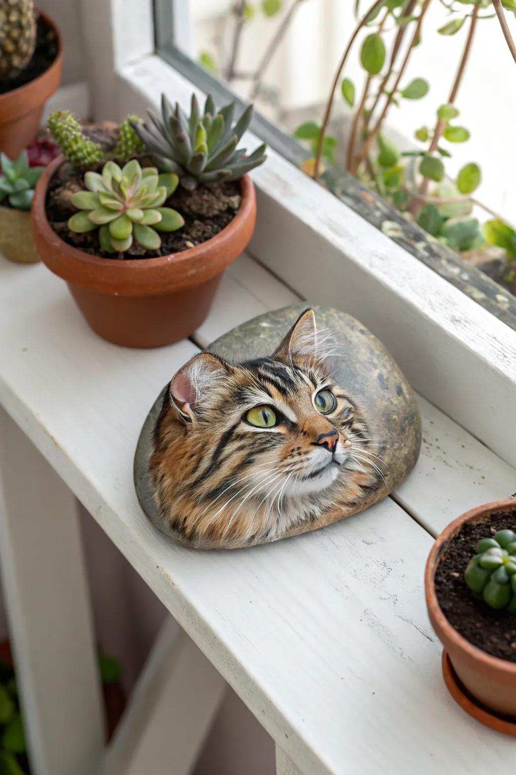Capture your pet's essence with an endearing stone caricature that beautifully merges art and nature.