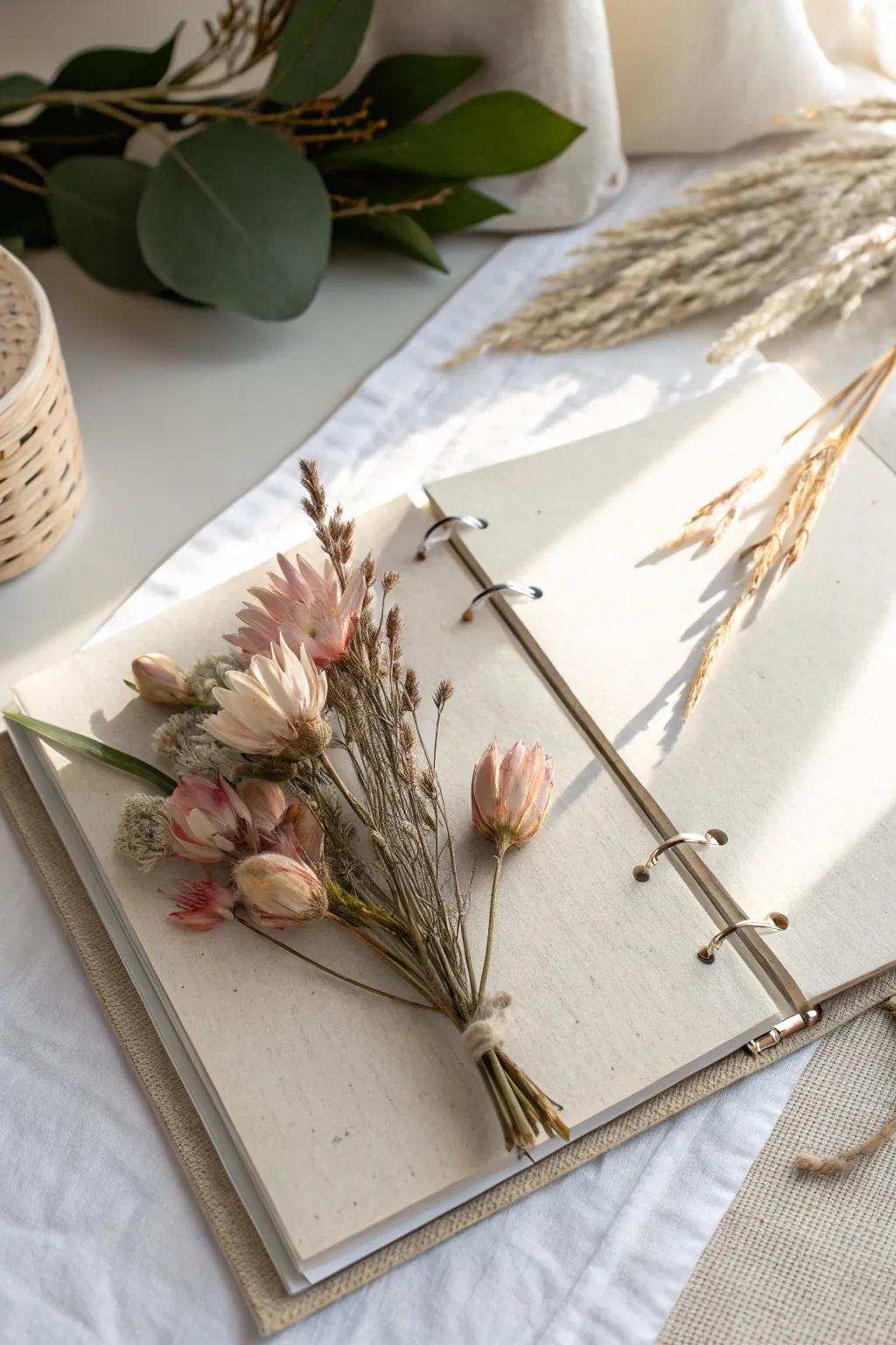 Capture your wedding's spirit with delicate preserved floral decorations in your scrapbook. 🌸✨ #BridalMemories #MinimalistBeauty