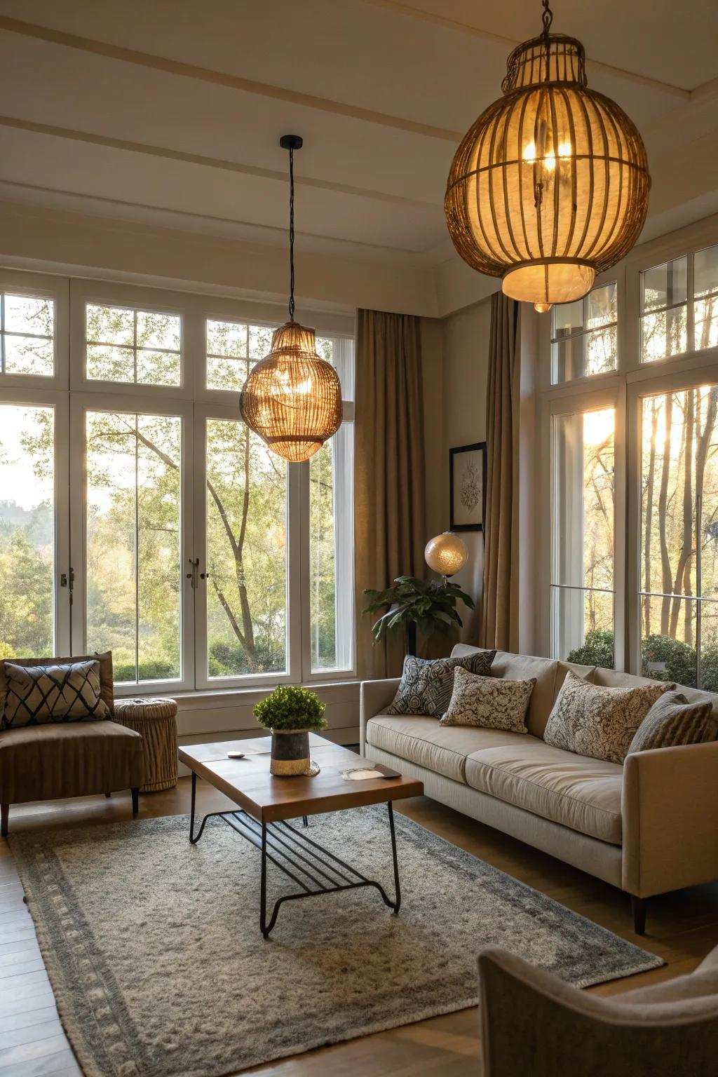 Carefully placed lighting complementing the natural light from large windows.