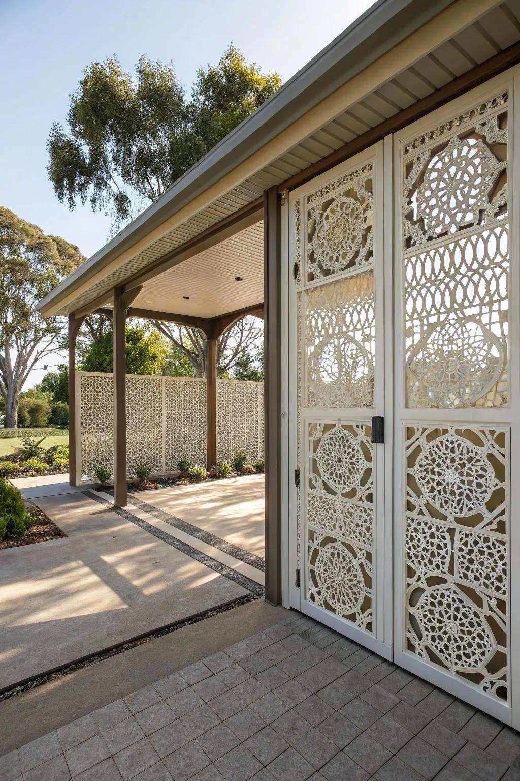 Carport featuring decorative lattice panel doors that give the design a creative touch.