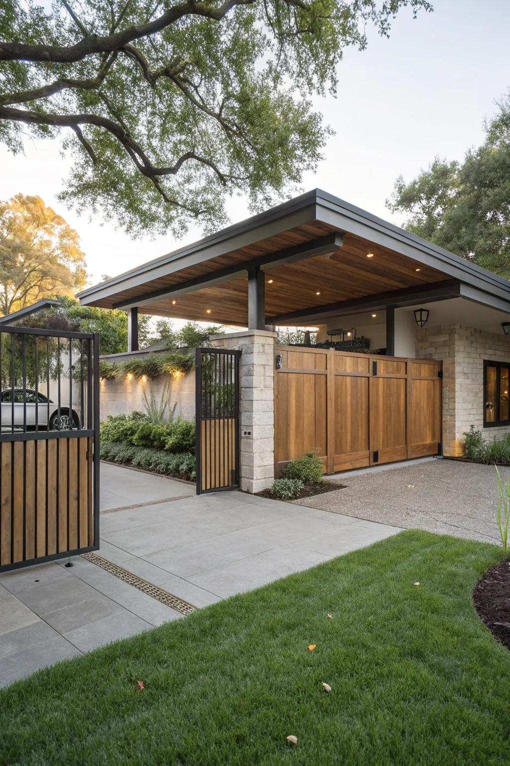 Carport featuring privacy fence gates that integrate seamlessly into the home's design.