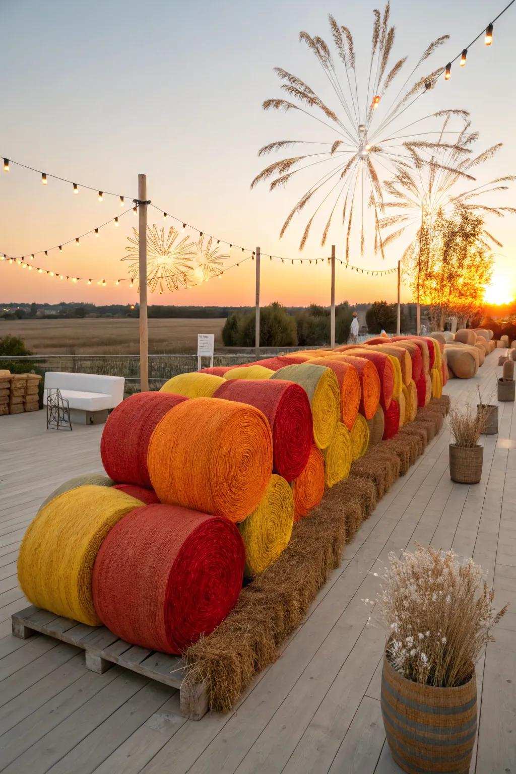 Celebrate creativity with hay bales that burst with color and excitement like a fireworks display.