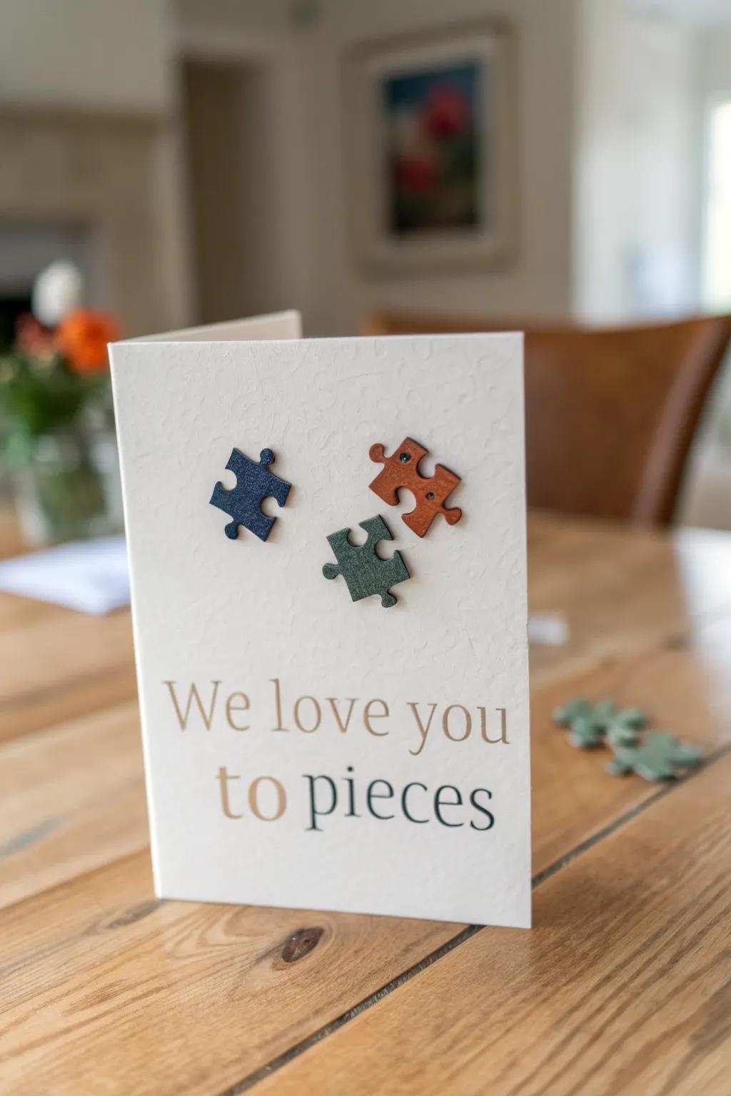 Celebrate Dad with a card that's as unparalleled as he is! <strong><em>#FathersDay #MinimalistDesign #HandcraftedLove</em></strong>” loading=”lazy” class=”pimg”>
	</picture><figcaption>Celebrate Dad with a card that’s as unparalleled as he is! <strong><em>#FathersDay #MinimalistDesign #HandcraftedLove</em></strong></figcaption></figure>
<p>Adhere interlocking fragments onto the card accompanied by the phrase ‘We adore you to bits.’ It’s a playful method to underscore how indispensable Dad is to the familial mosaic, and I perceive it as delightfully quirky.</p>
<h3>A few suggestions:</h3>
<ul class=