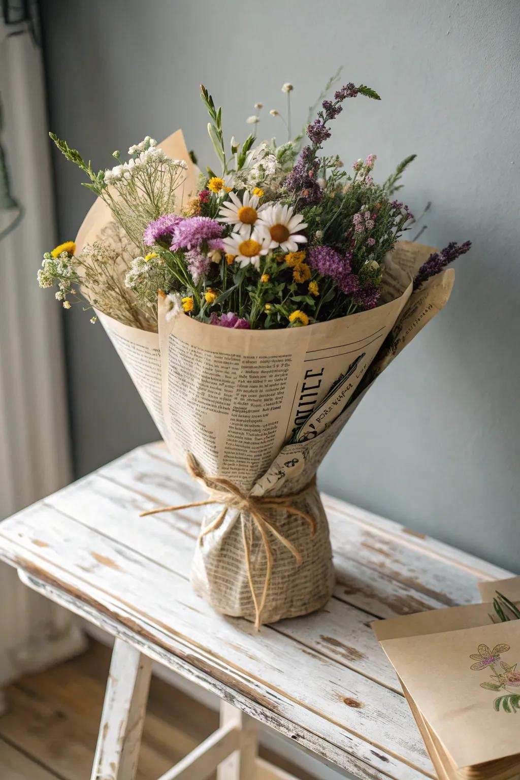 Celebrate sustainable beauty with a vintage newsprint wrap for your floral creations. 🌿📰