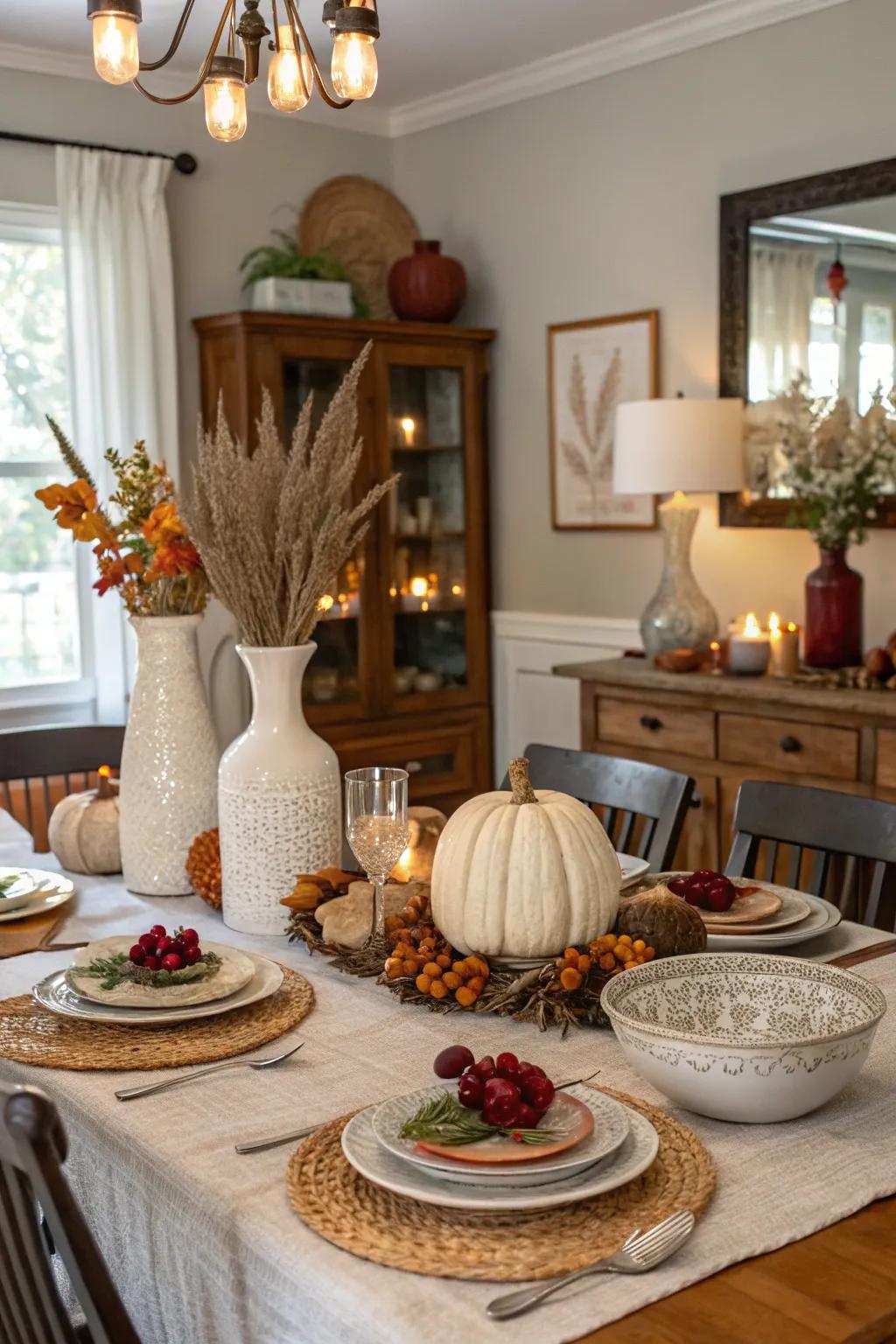 Charming past era finds add character to the dining room.