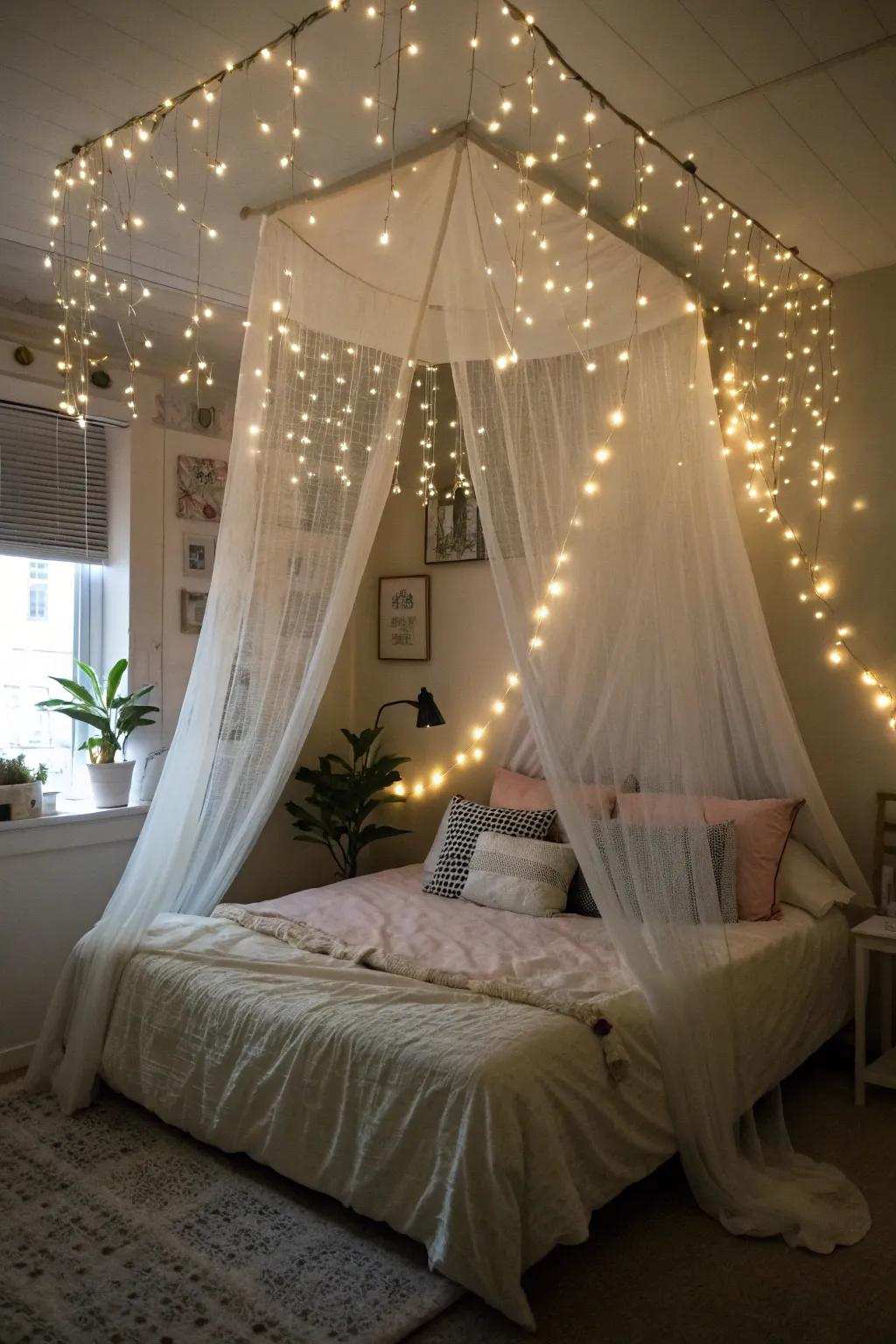 Charming sparkling lights contribute an element of magic to the room.