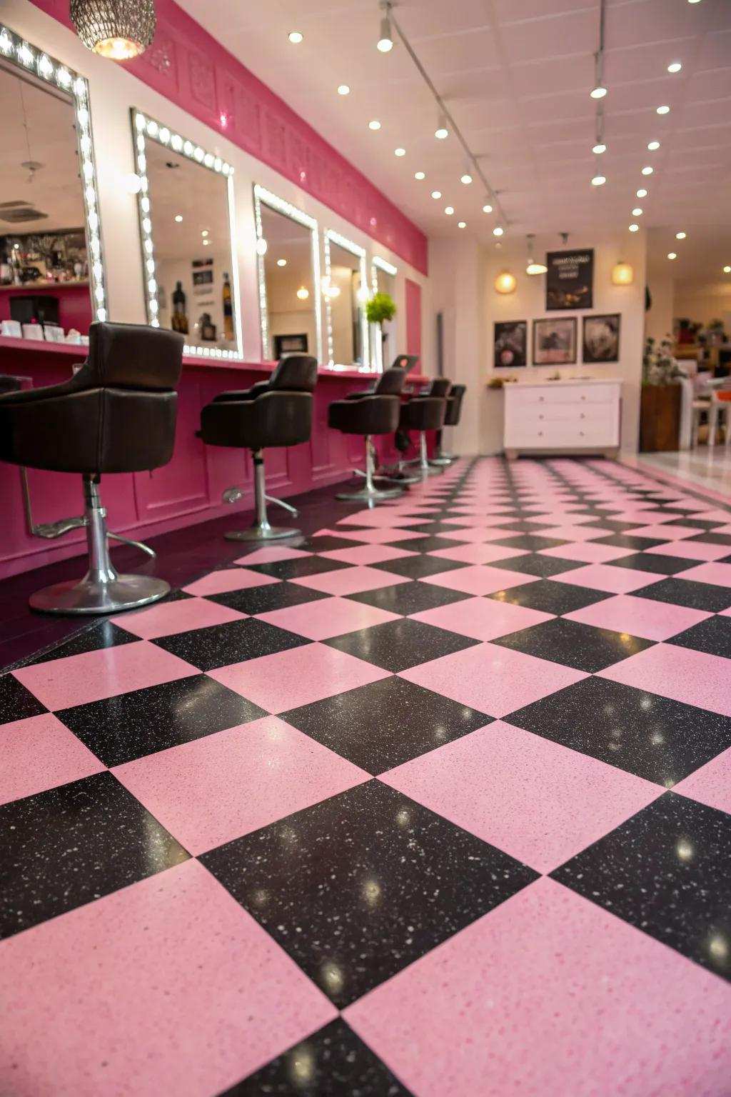 Checkered ground covering infuses a singular flair to salon design.