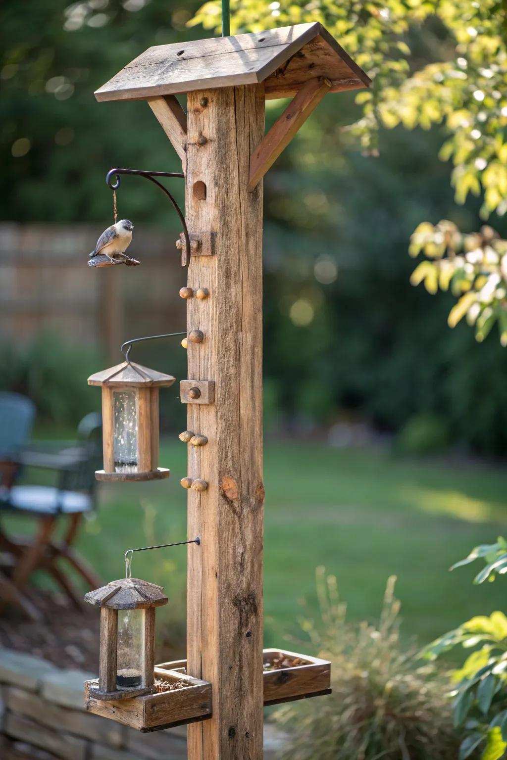 Cherish a fusion of rustic charm and eco-consciousness with an artisanal bird feeder support.