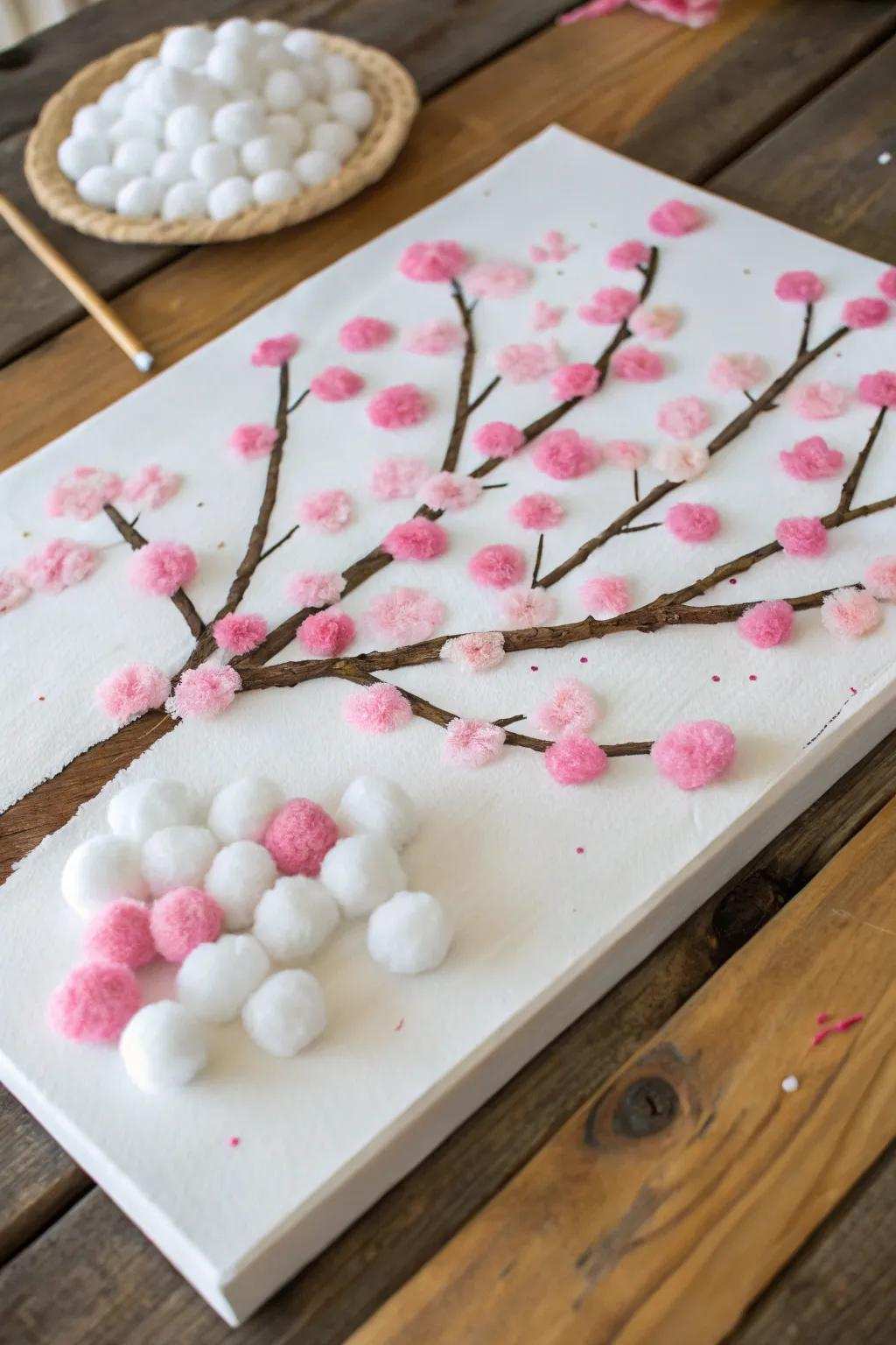 Cherry bloom artwork employing cotton orbs for a gentle texture.
