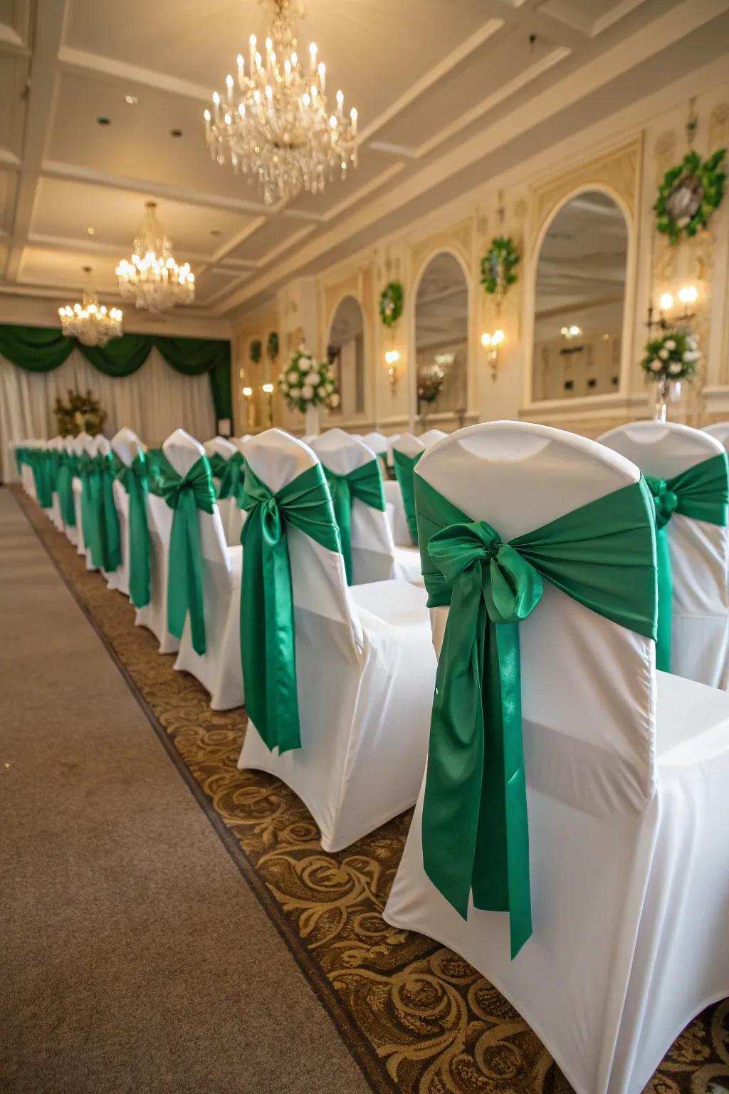 Chic chairs adorned with emerald green ribbons.