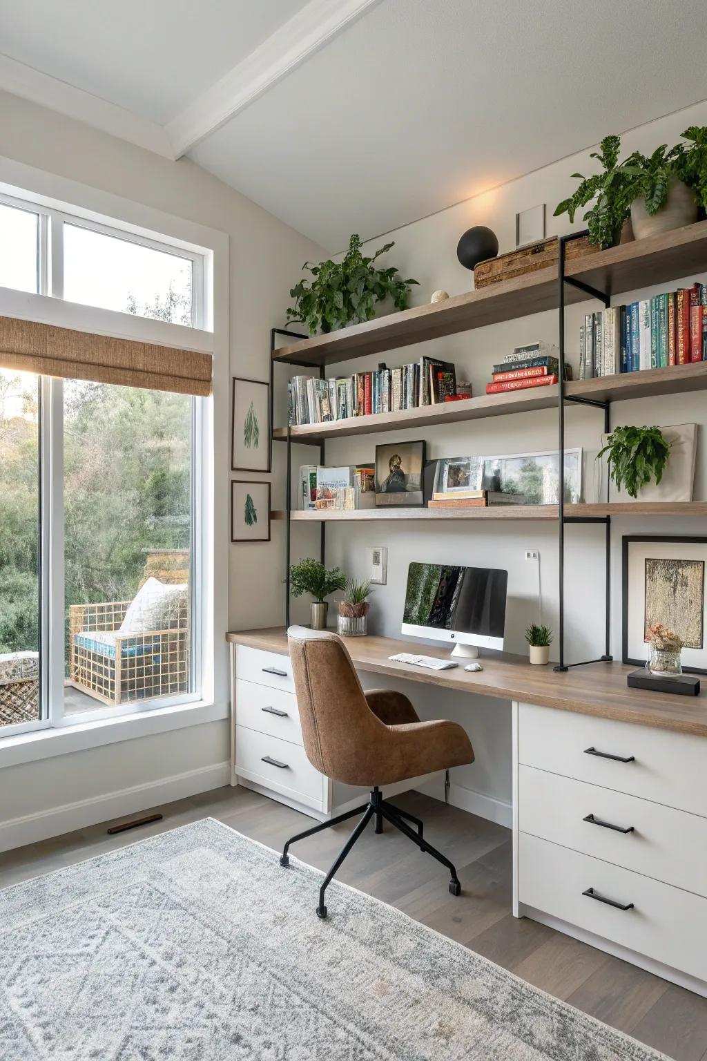 Chic shelving will keep your workspace tidy and stylish.