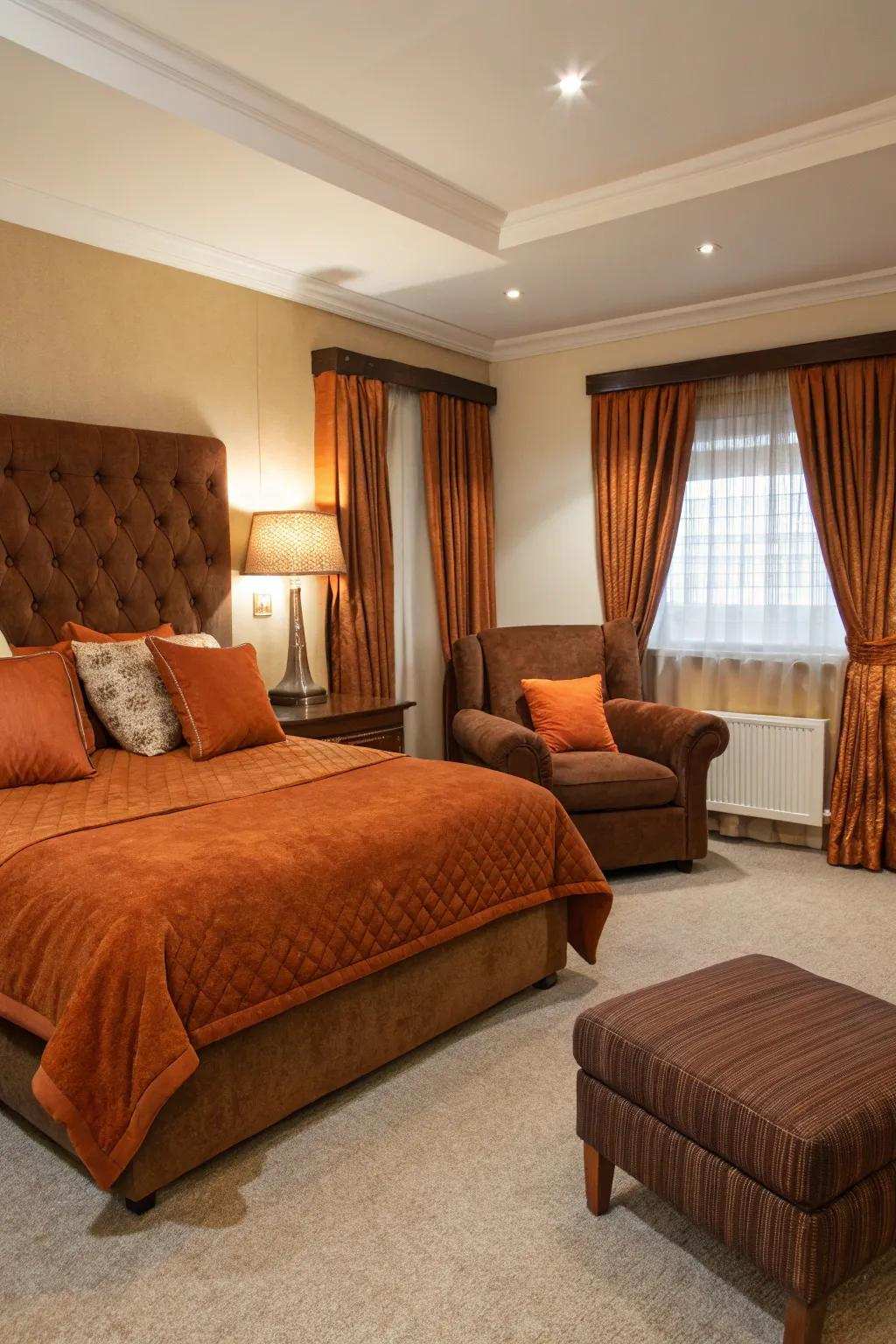 Chocolate upholstered furnishings offer a timeless foundation.