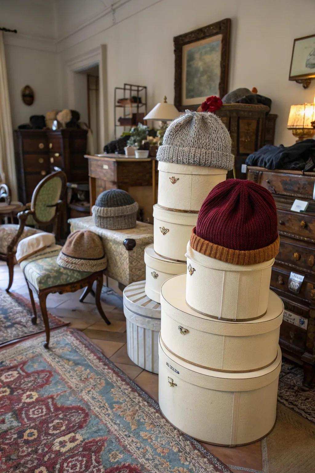 Classic cap boxes bring an elegant touch to your head hugger storage.