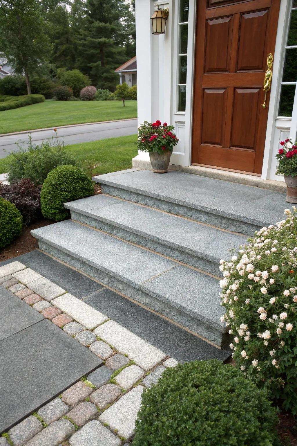 Classic gray stone steps enhance sophistication.