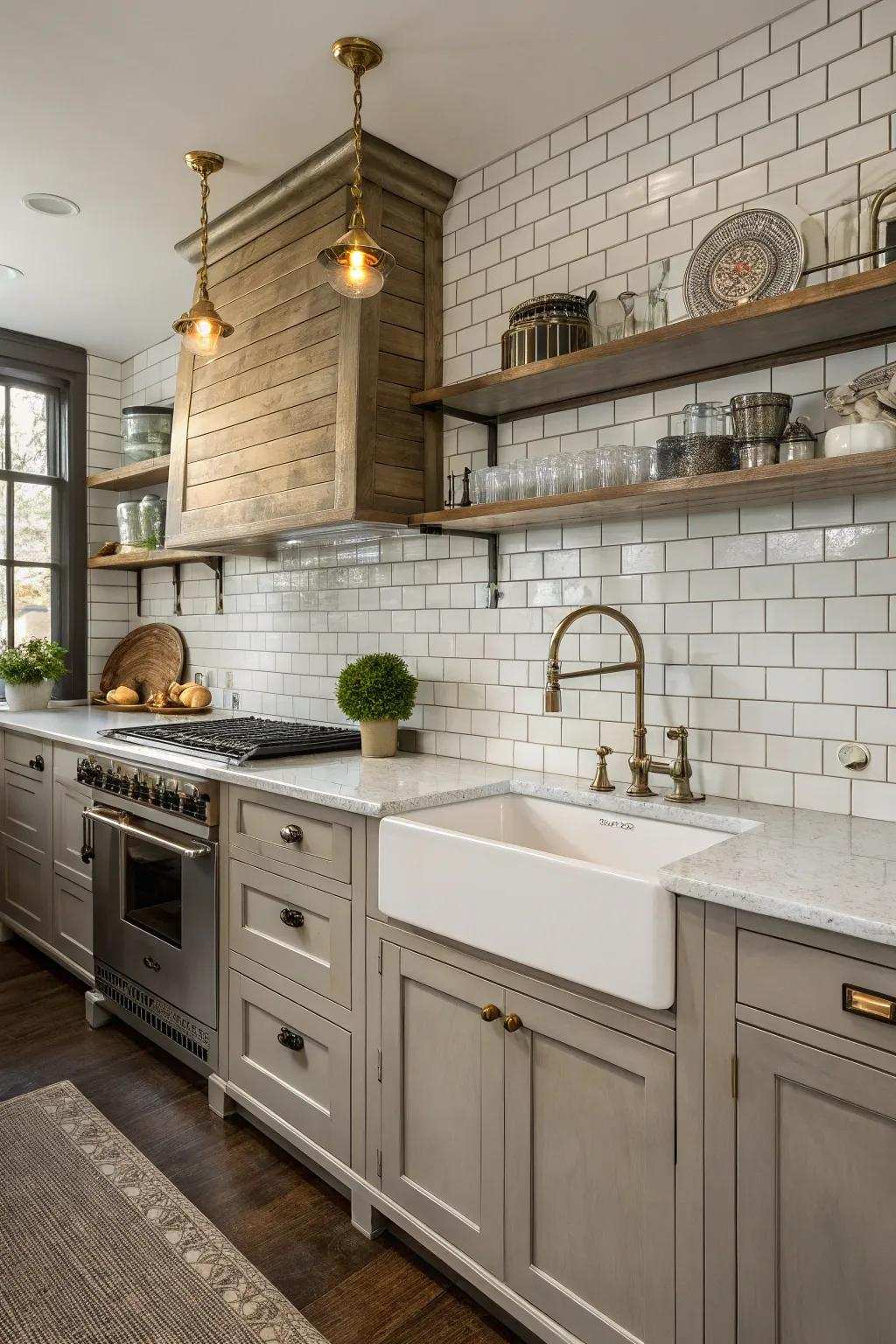 Classic rectangular tiles encounter contemporary metal fixtures, culminating in a kitchen that is both conventional and modern.