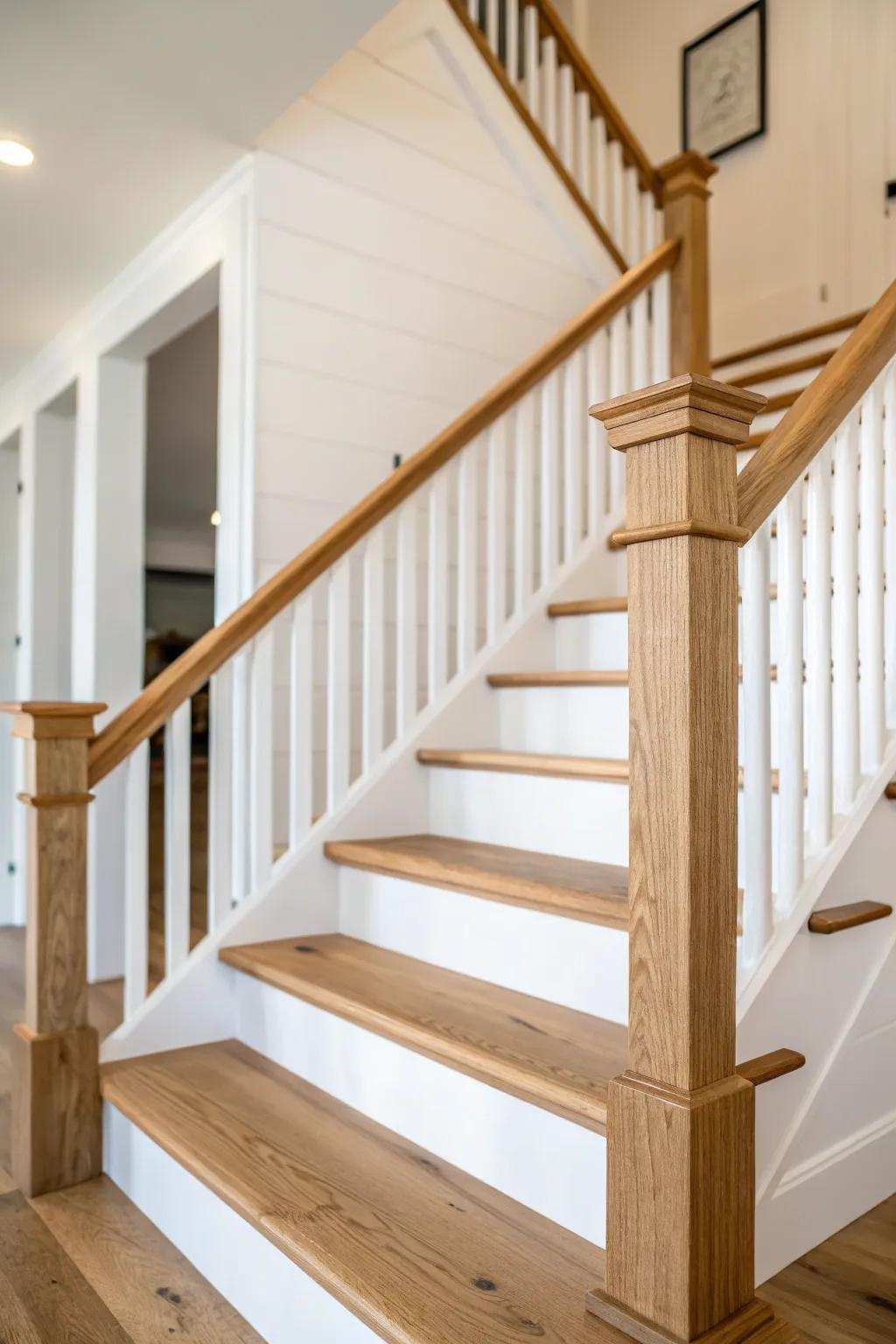 Clean silhouettes deliver a contemporary impression onto a farmhouse staircase.