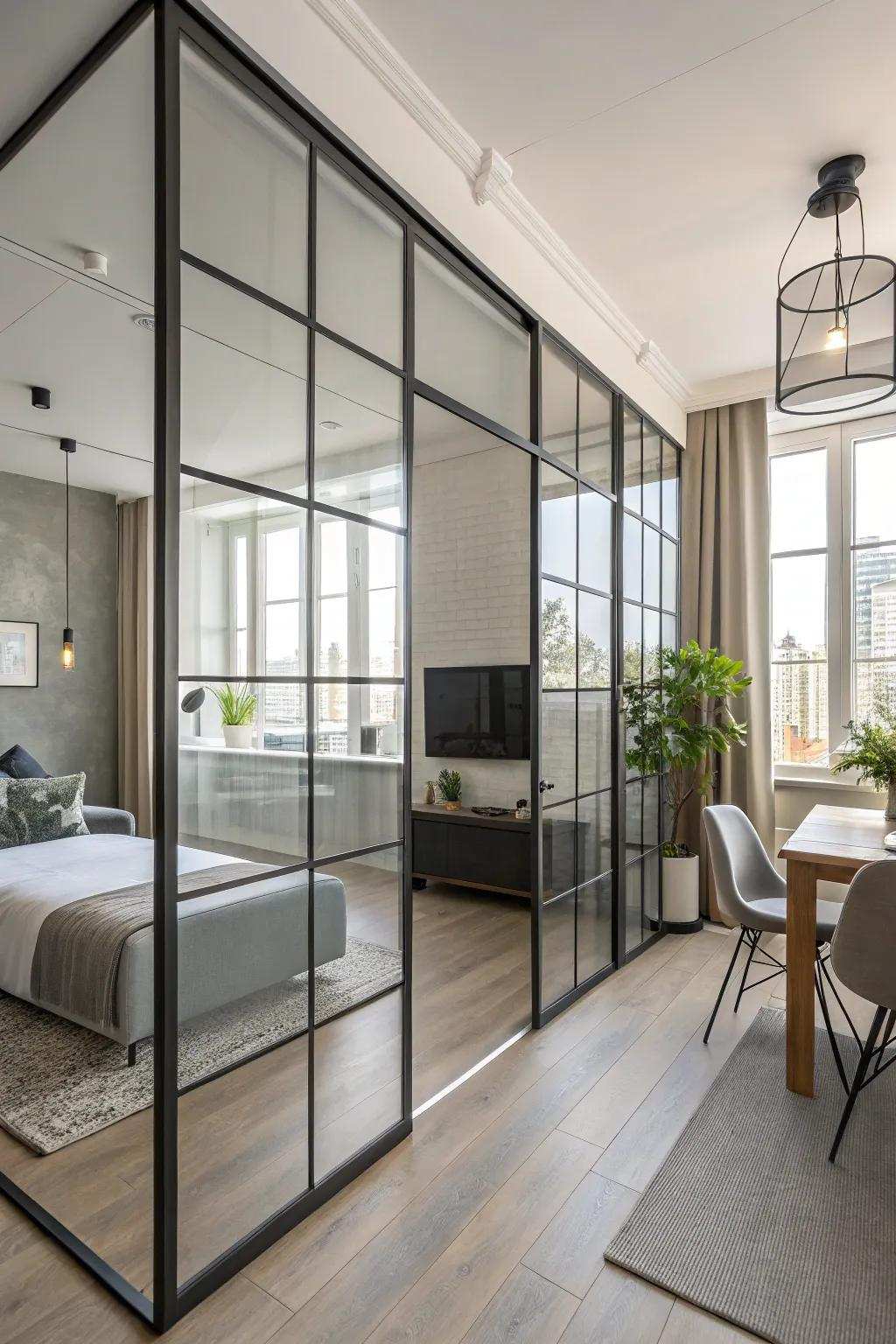 Clear panes elegantly separate a studio and keep the room bright.
