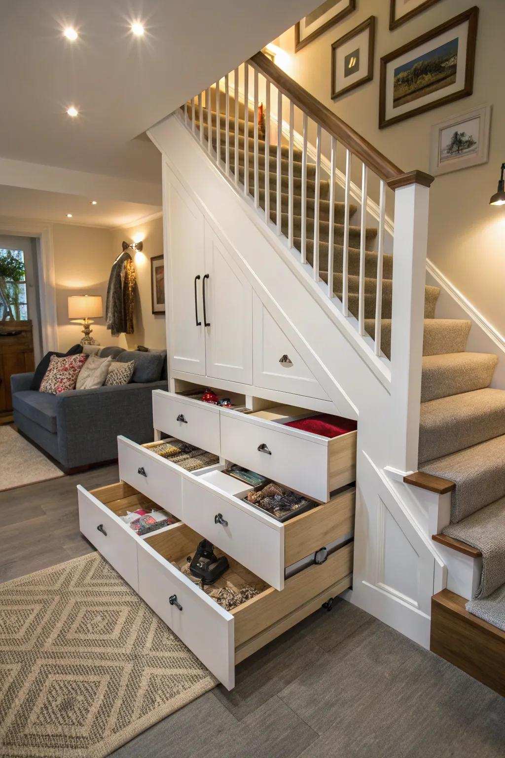 Clever under-stair storage drawers maintain a clutter-free environment.