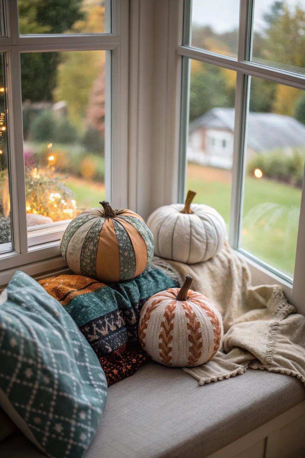 Cloth-lined pumpkins convey warmth and texture to your decor.