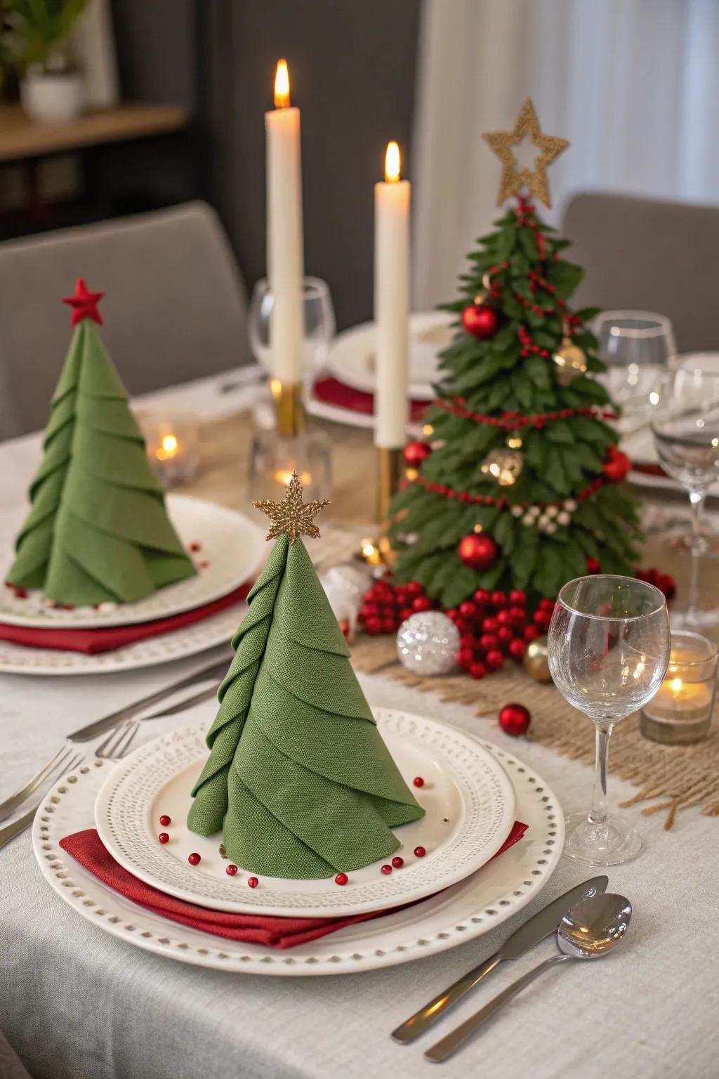 Cloths folded as holiday trees bring festive cheer.