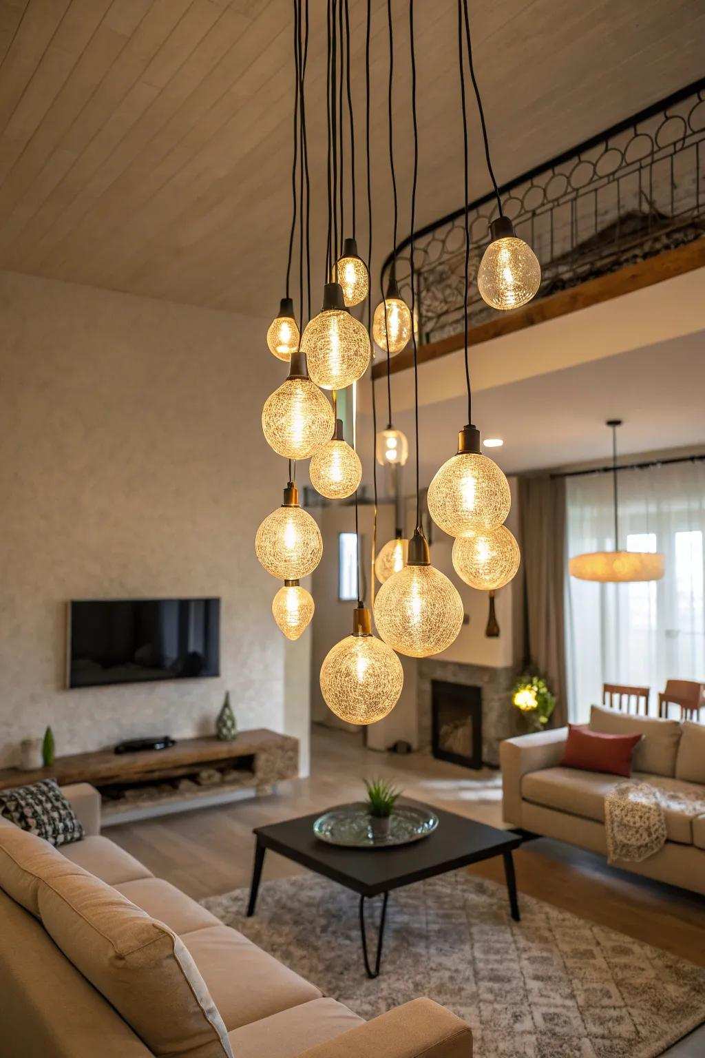 Clustered pendants add depth and visual interest.