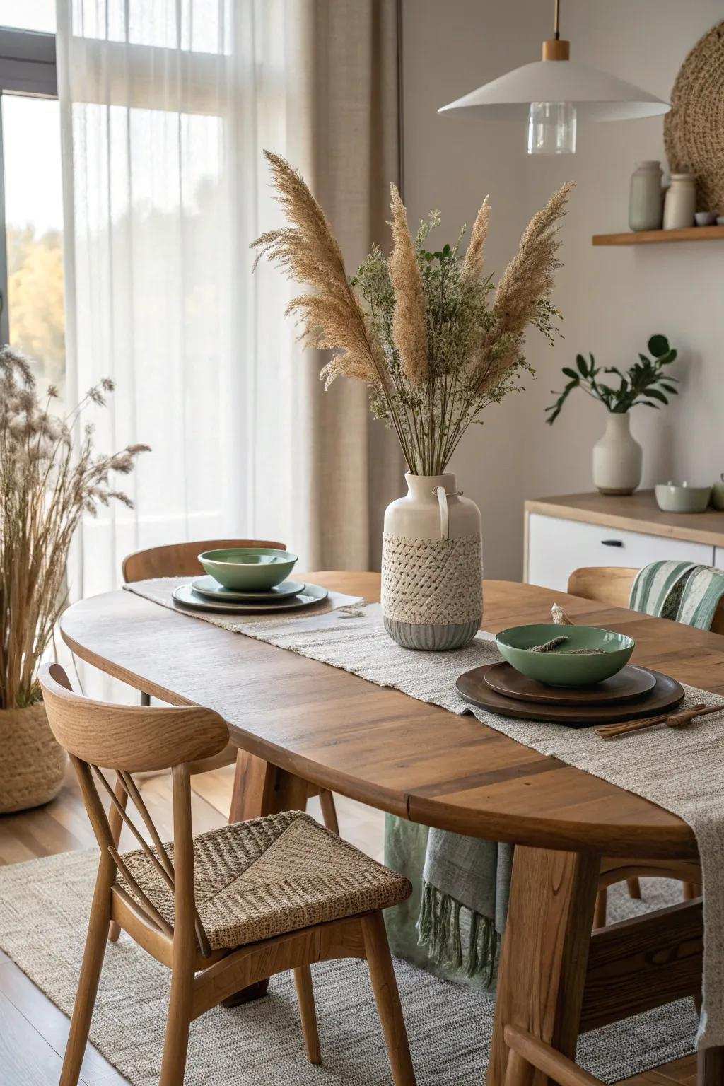 Collect around a wood dining table for a naturally comfortable dining experience.