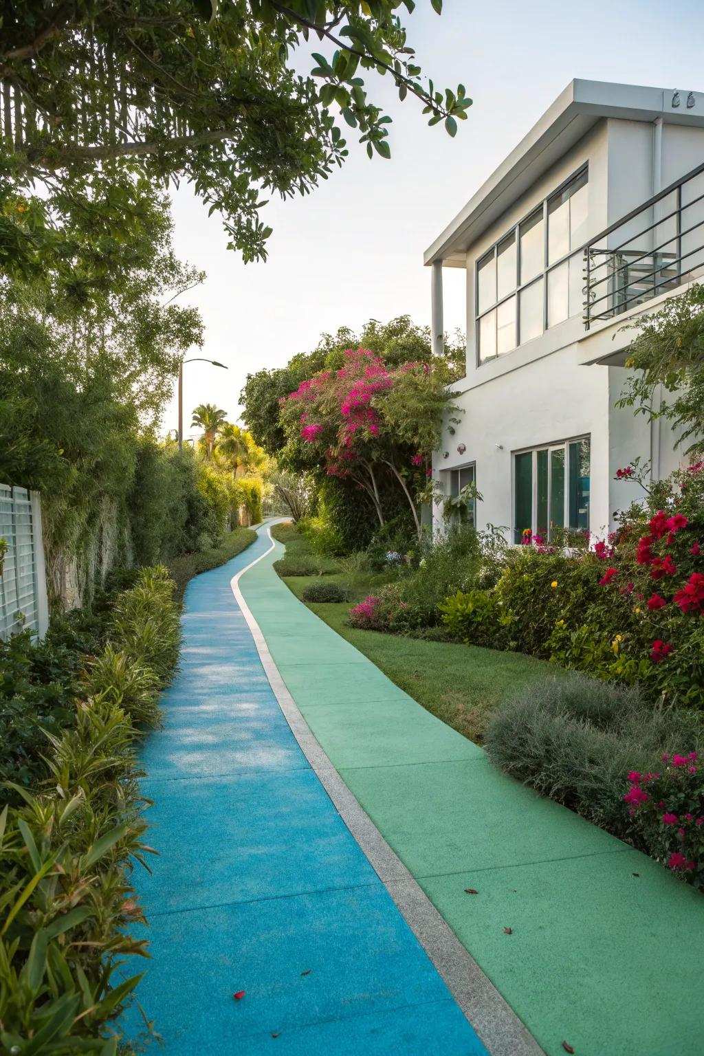 Colored concrete walkways introduce a burst of individuality.
