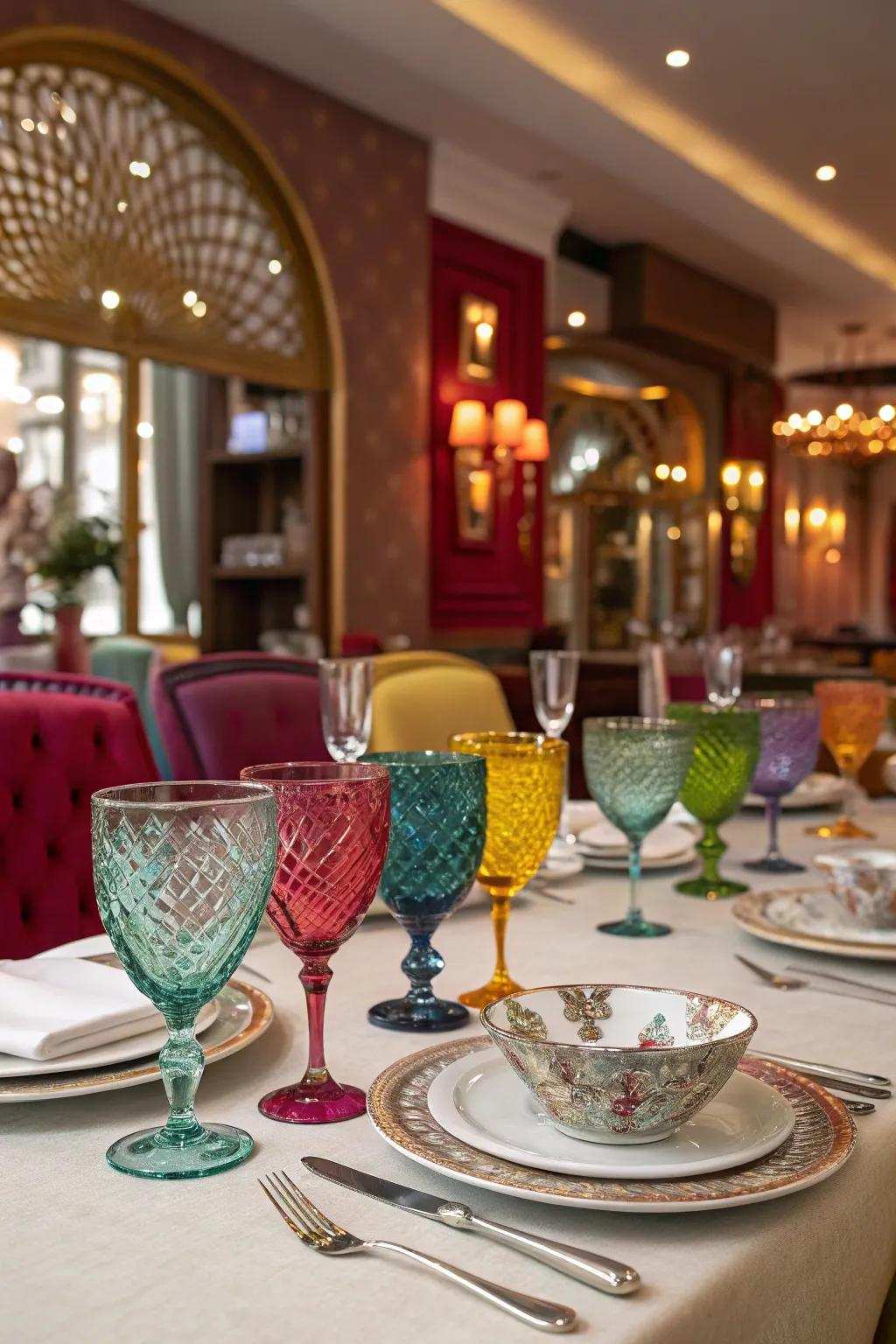 Colorful glassware introduces a joyful flair to the table.