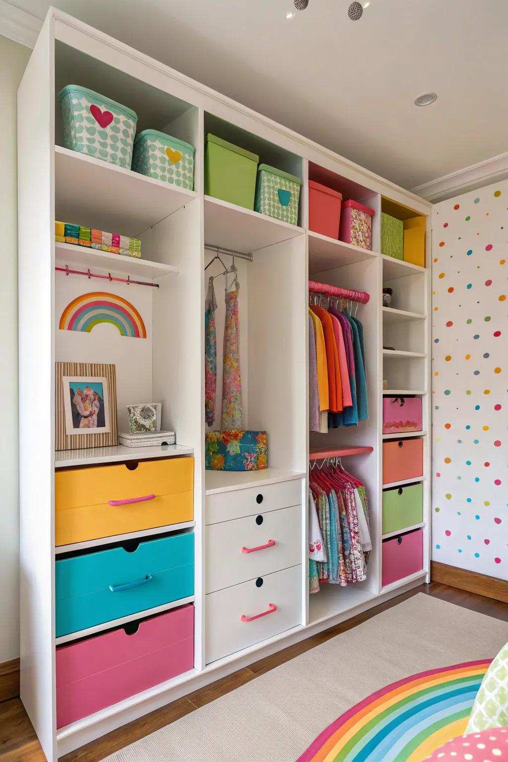 Colorful interiors inject a playful accent into this closet blueprint.