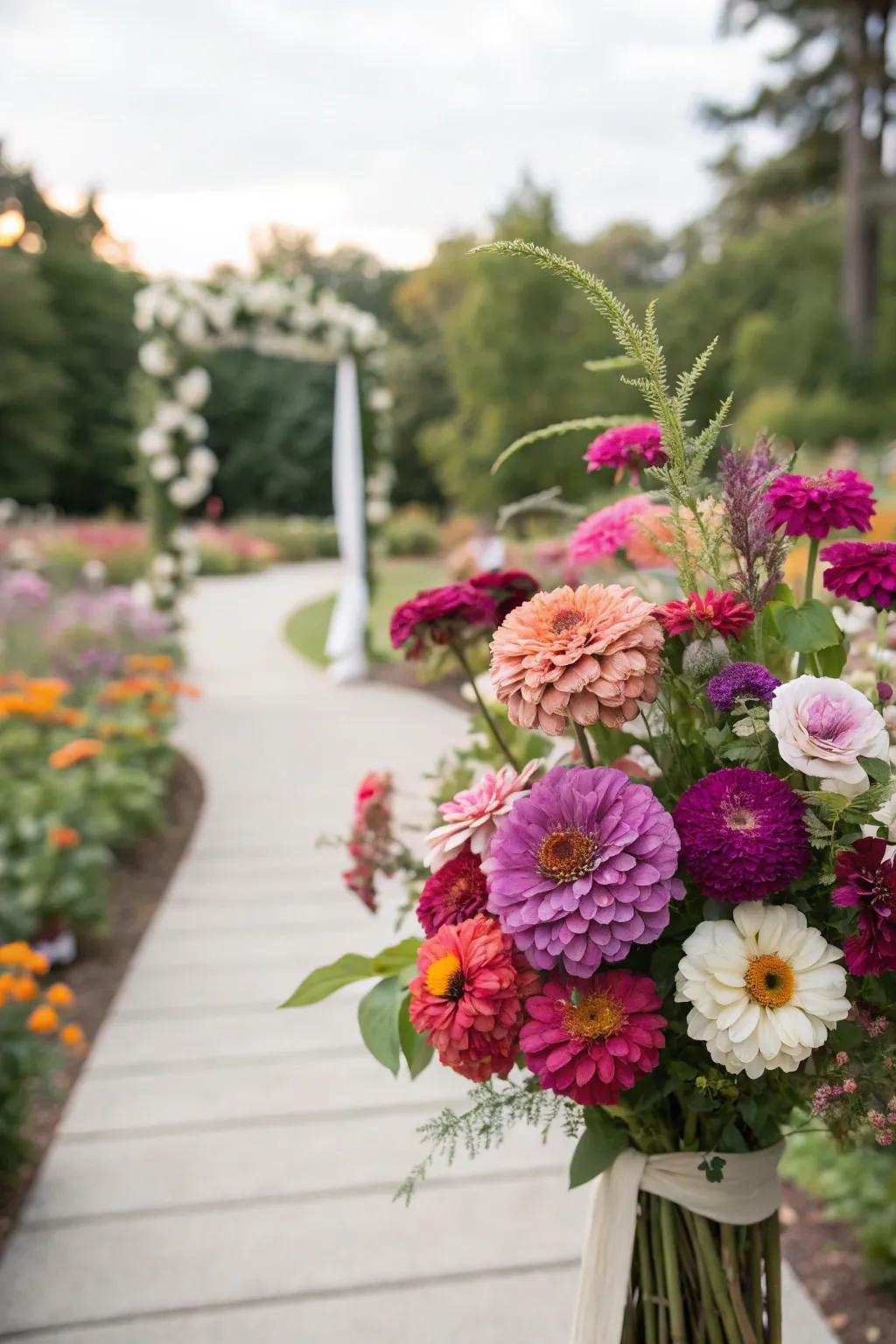 Colorful rainbow blooms adding an affordable splash of color to wedding arrangements.