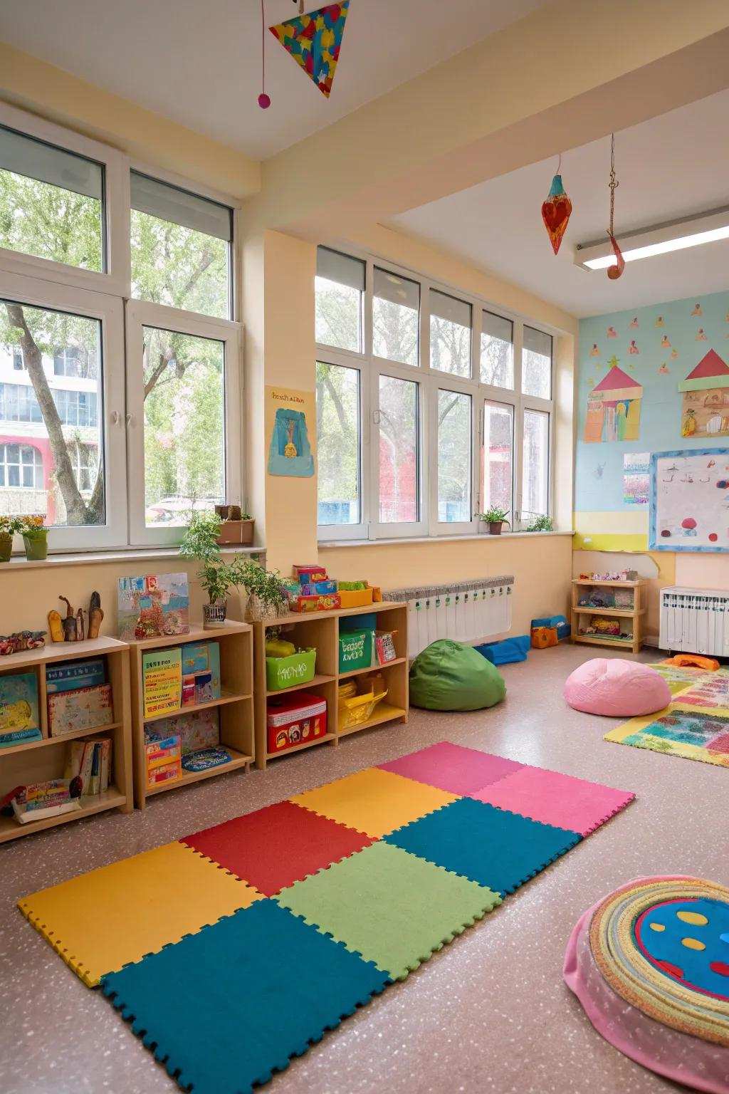 Colorful rugs and mats provide coziness and safety.