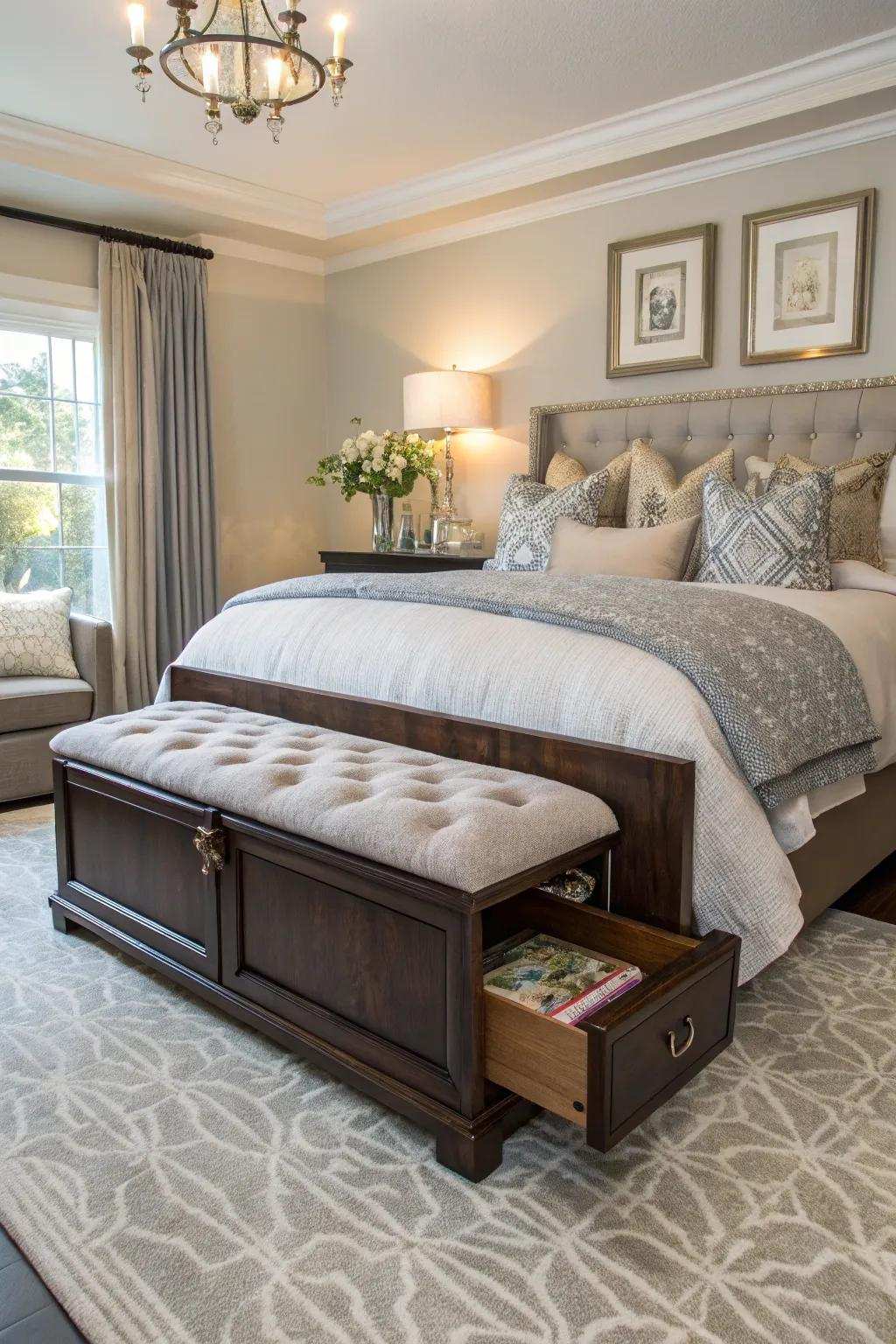 Combine seating and storage using a stylish bench in your bedroom.