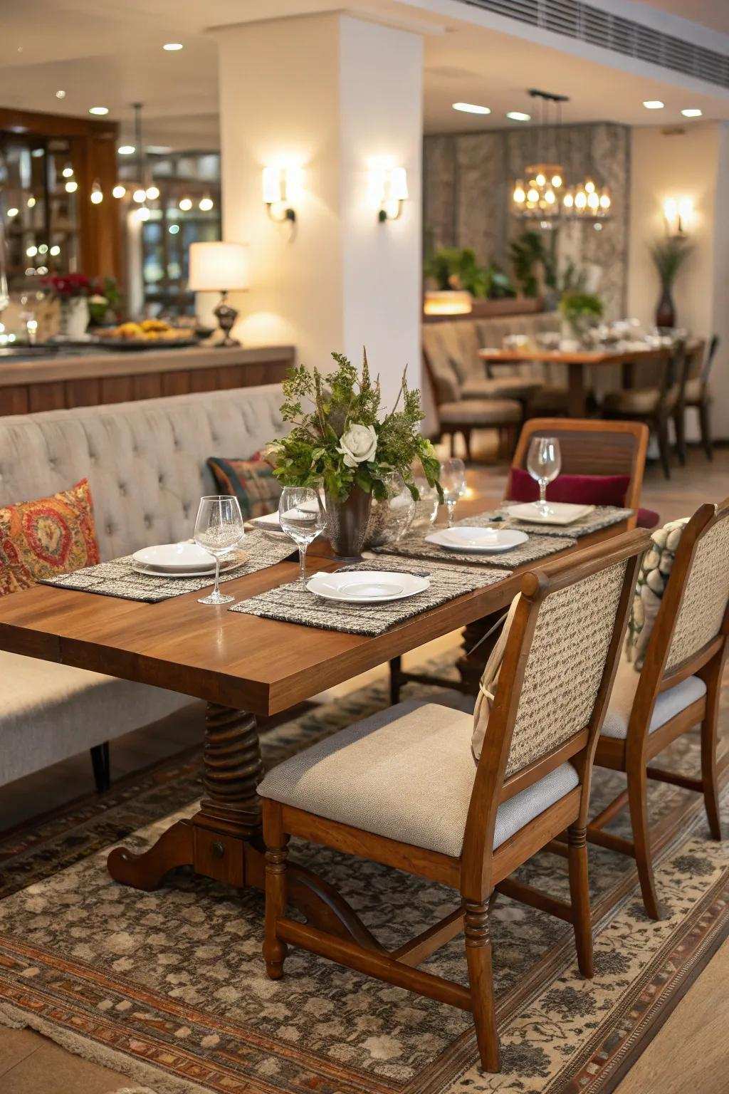 Combining different seating styles introduces an engaging, eclectic feel to your dining setting.