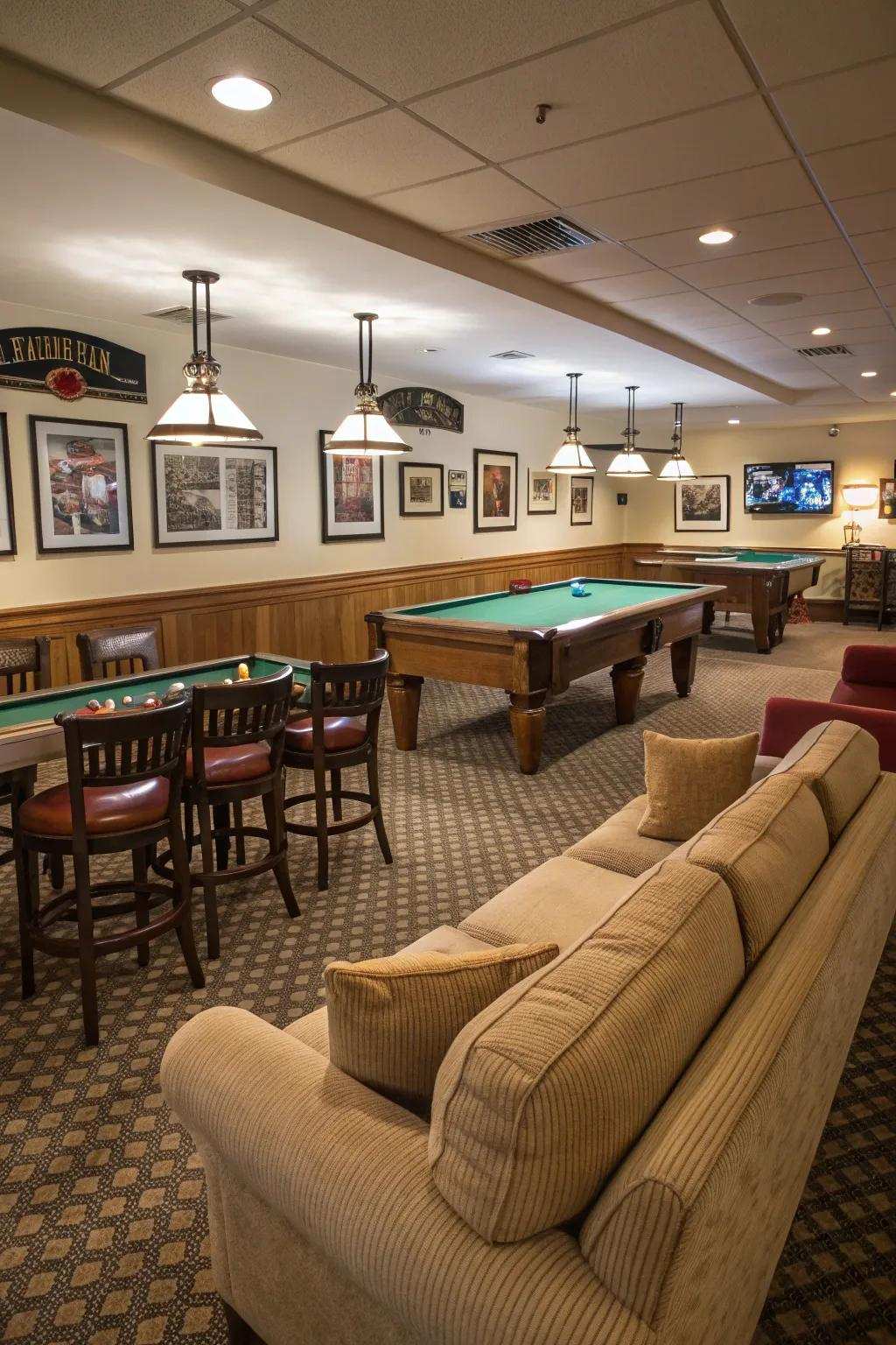 Comfortable seating arrangements in a welcoming billiard room.