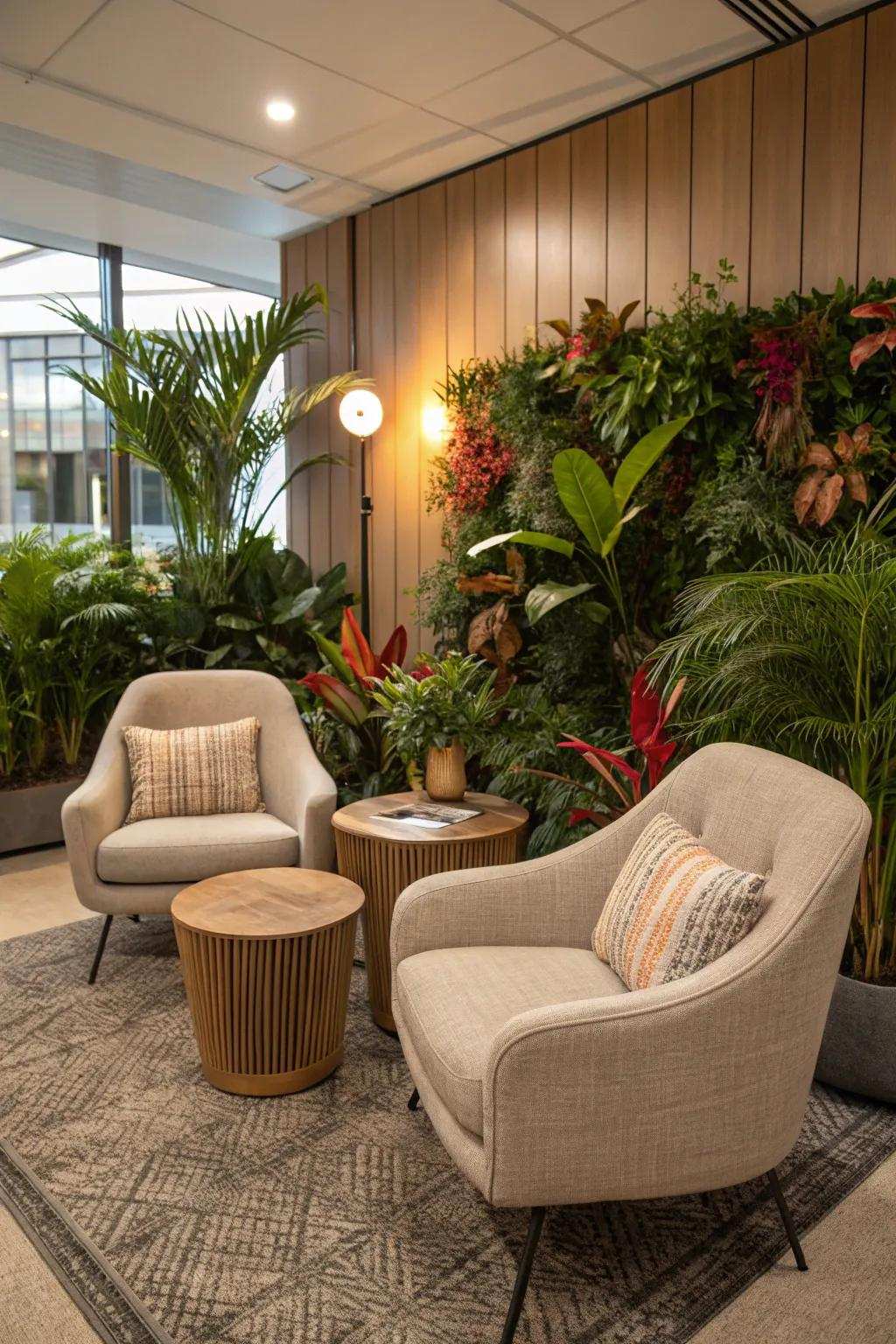 Comfortable seating zones provide a relaxing location for a mental pause.