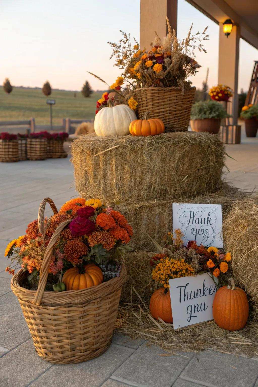 Commemorate the season of gratitude by showcasing a hay bale focal point, reflecting the spirit of thankfulness.